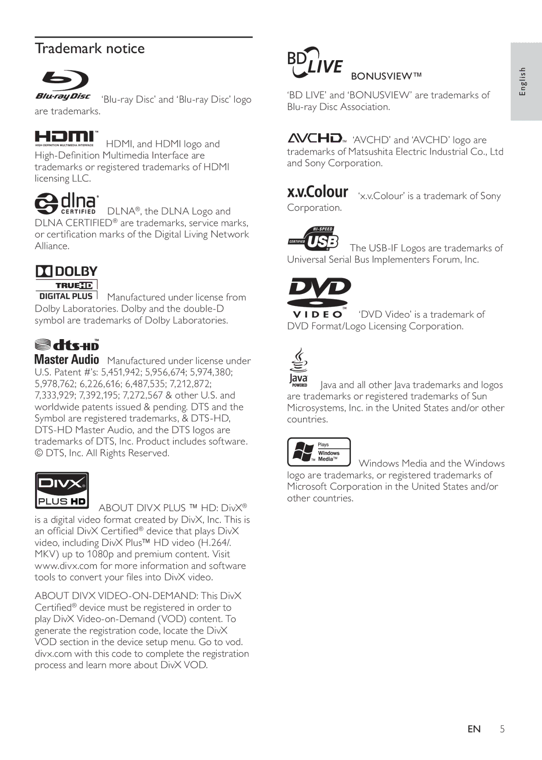 Philips BDP7500 MK II, BDP7500B2, BDP7500S2 user manual Trademark notice, Bonusview 