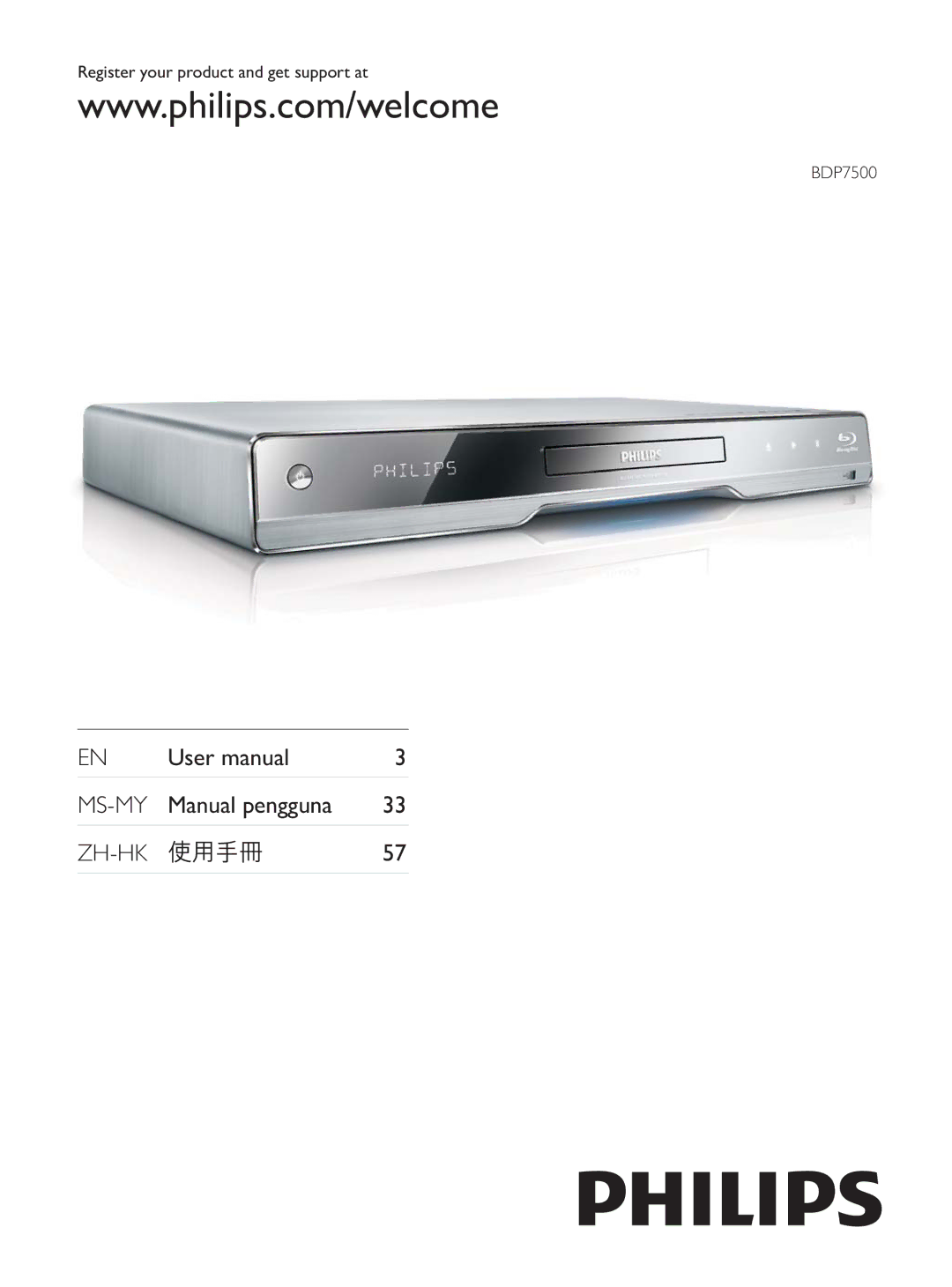 Philips BDP7500BL user manual Register your product and get support at BDP7500 