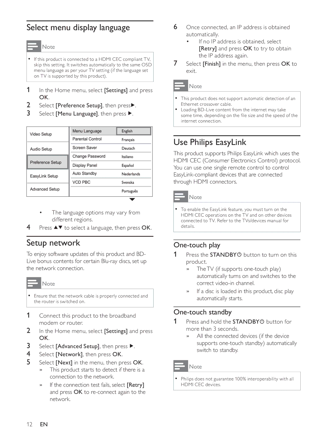 Philips BDP7500BL Select menu display language, Setup network, Use Philips EasyLink, One-touch play, One-touch standby 