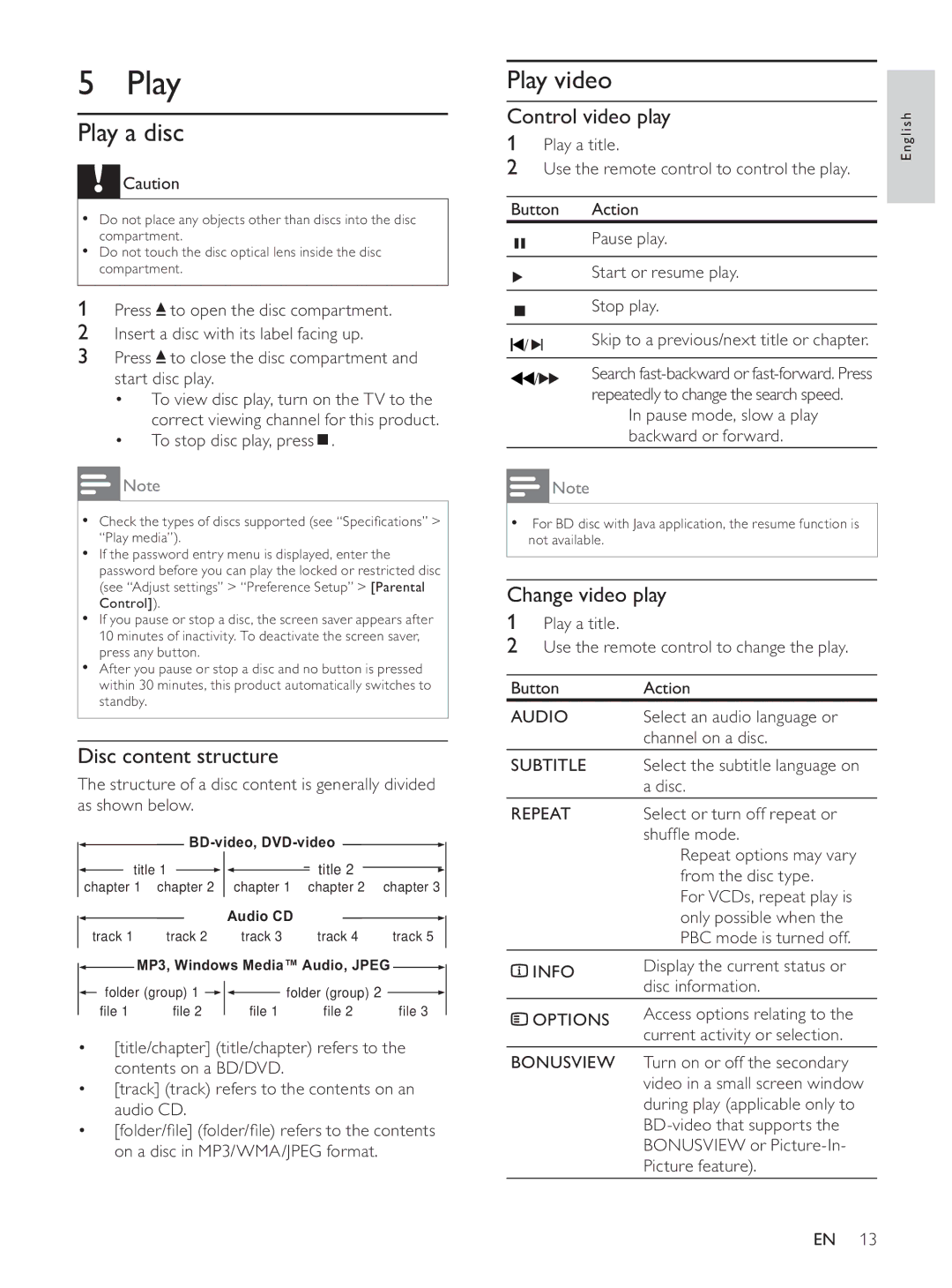 Philips BDP7500BL user manual Play a disc, Play video 