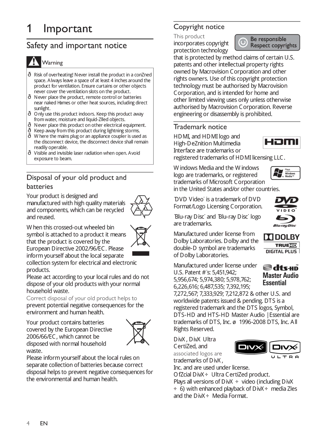 Philips BDP7500BL user manual Safety and important notice, Disposal of your old product and batteries, Copyright notice 