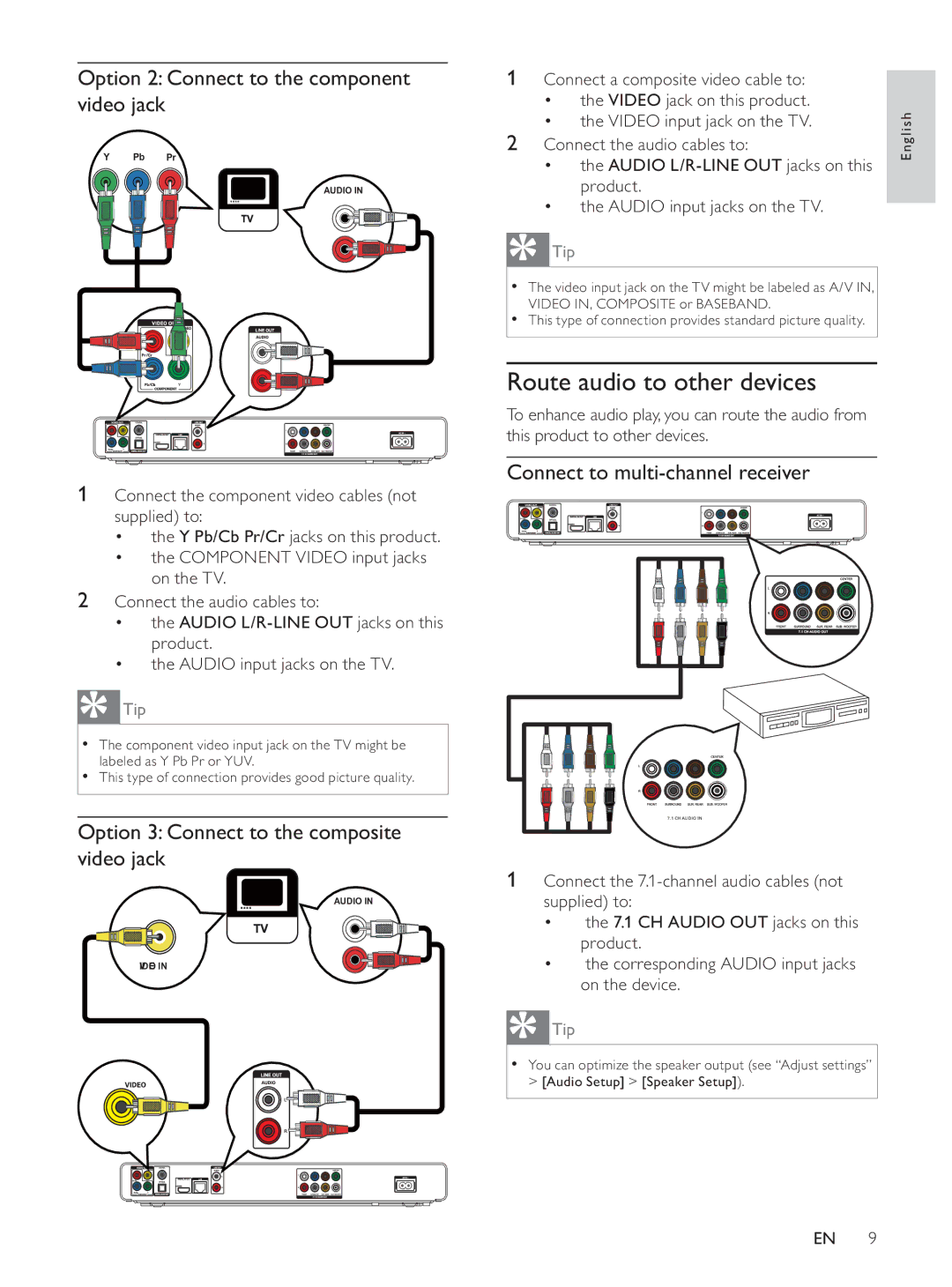 Philips BDP7500BL user manual Route audio to other devices, Option 2 Connect to the component video jack 