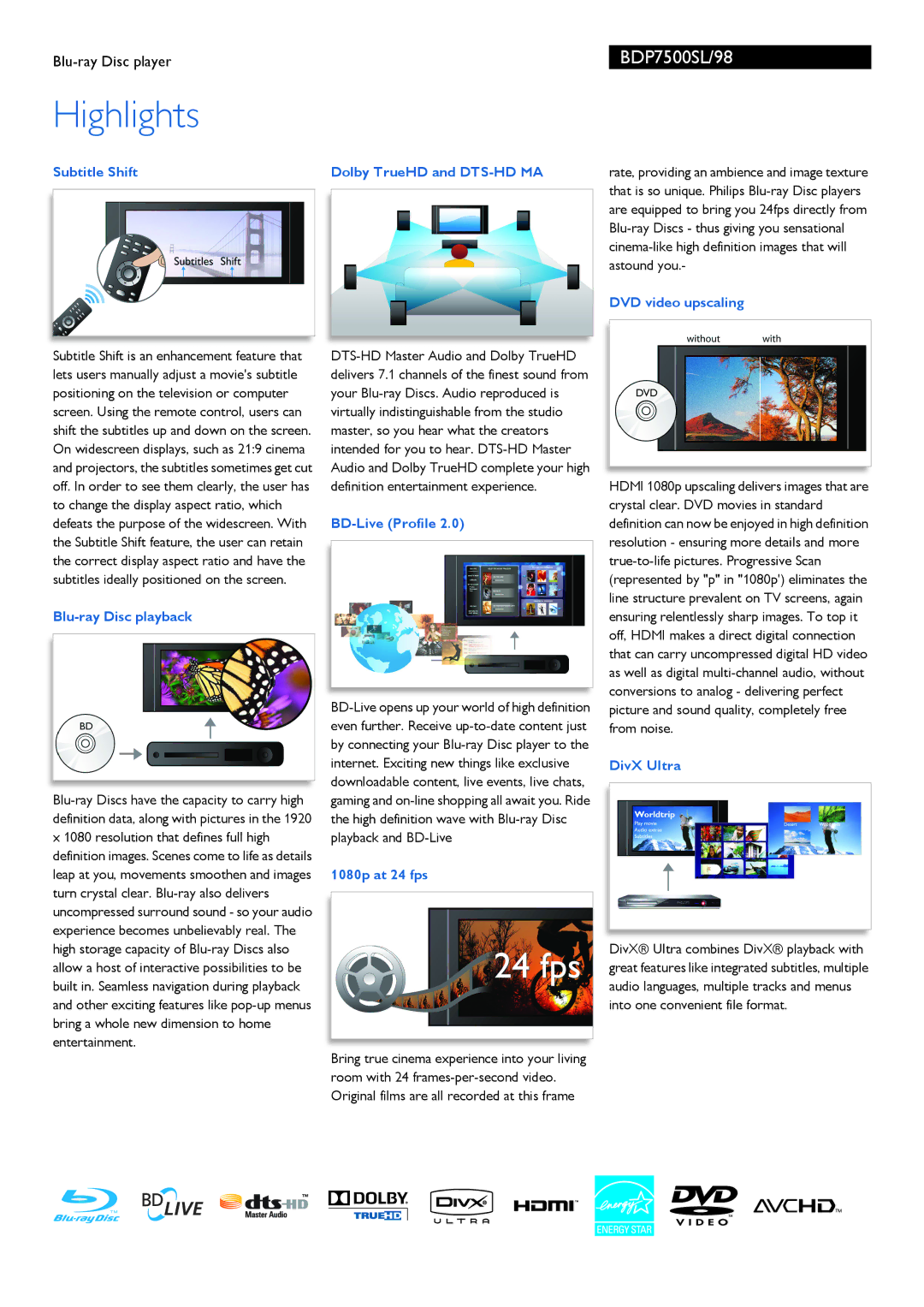 Philips BDP7500SL/98 manual Highlights 