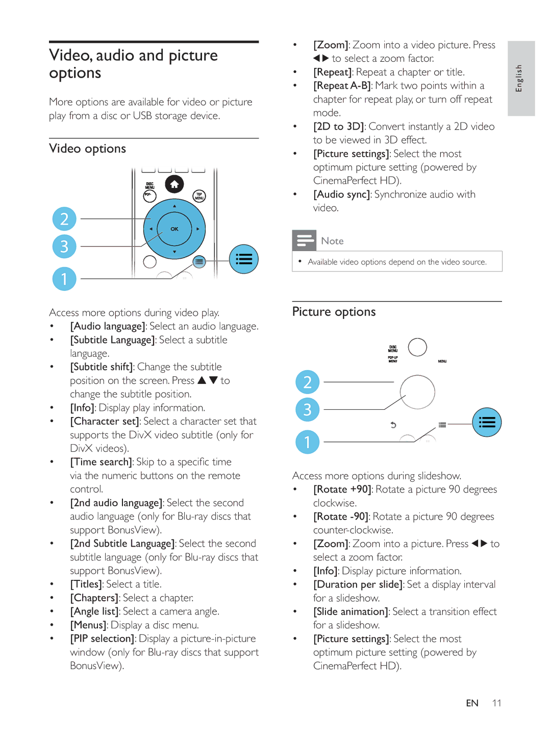 Philips BDP7700 user manual Video, audio and picture options, Video options, Picture options 