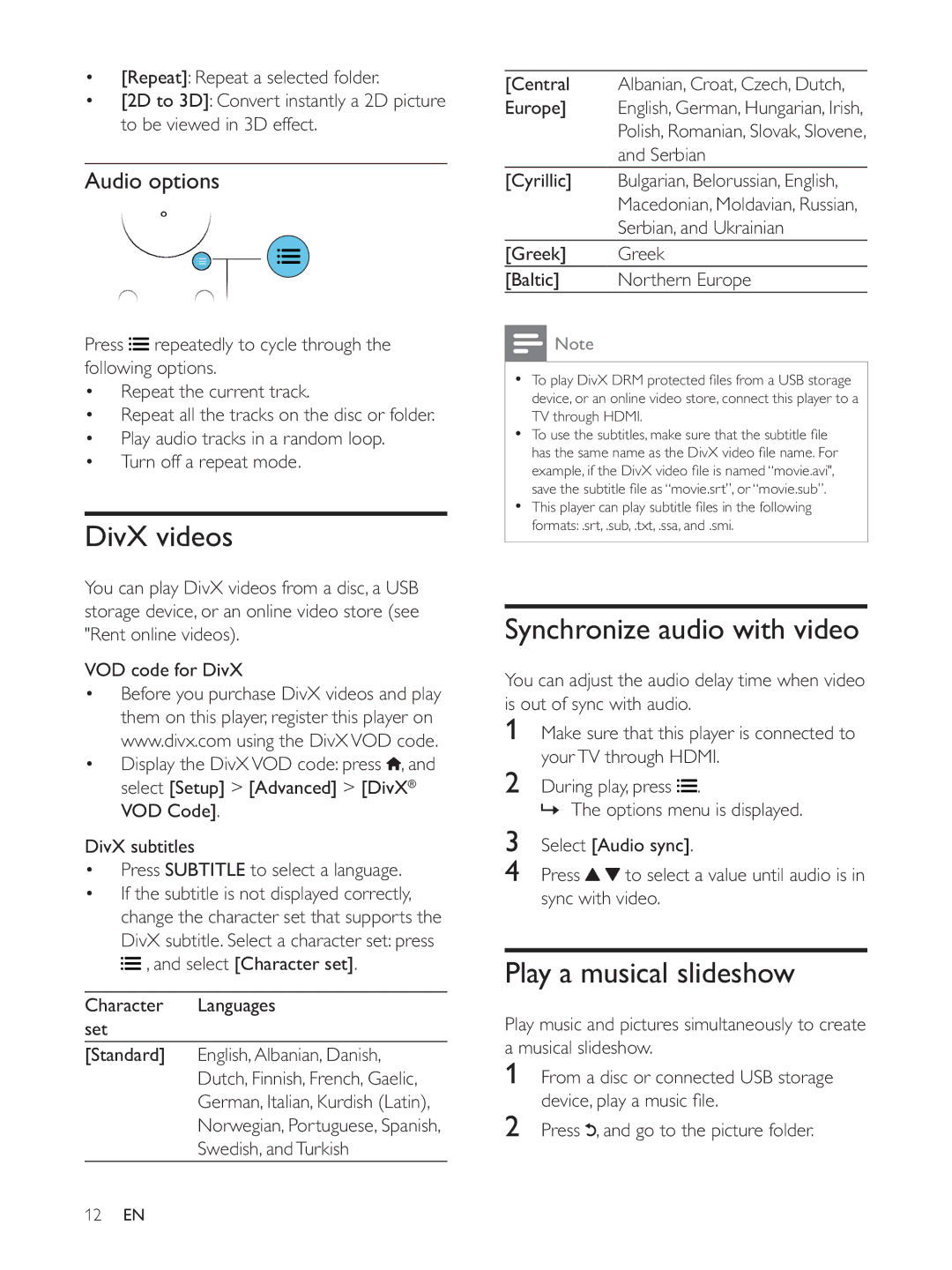 Philips BDP7700 DivX videos, Synchronize audio with video, Play a musical slideshow, Audio options, Turn off a repeat mode 