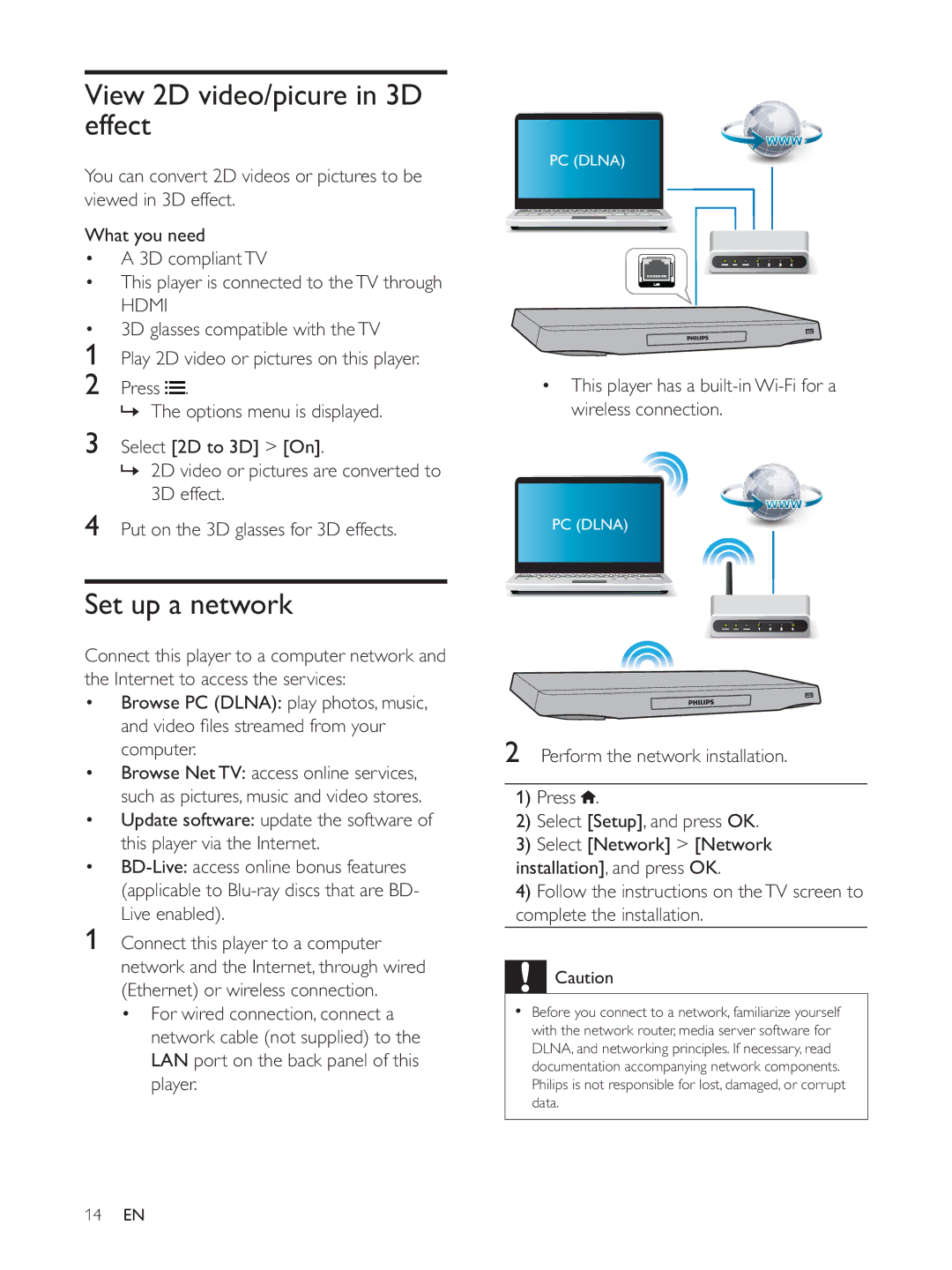 Philips BDP7700 user manual View 2D video/picure in 3D effect, Set up a network 