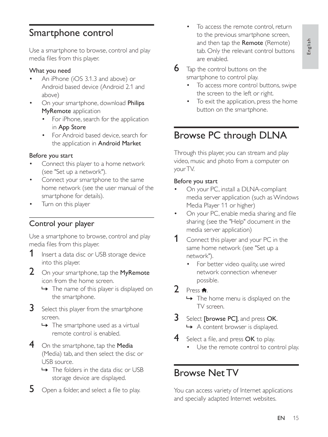 Philips BDP7700 user manual Smartphone control, Browse PC through Dlna, Browse Net TV, Control your player 