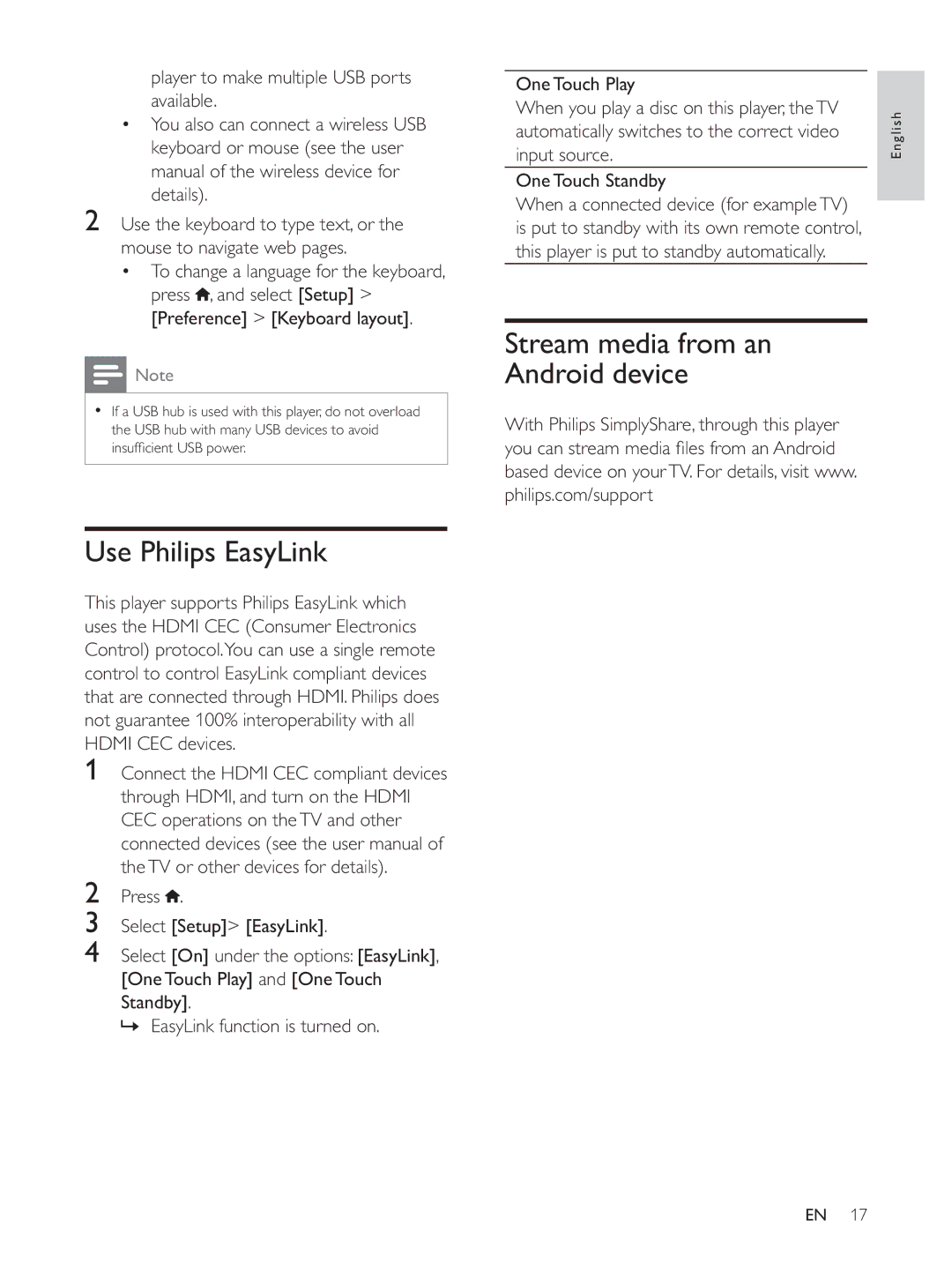 Philips BDP7700 user manual Use Philips EasyLink, Stream media from an Android device 