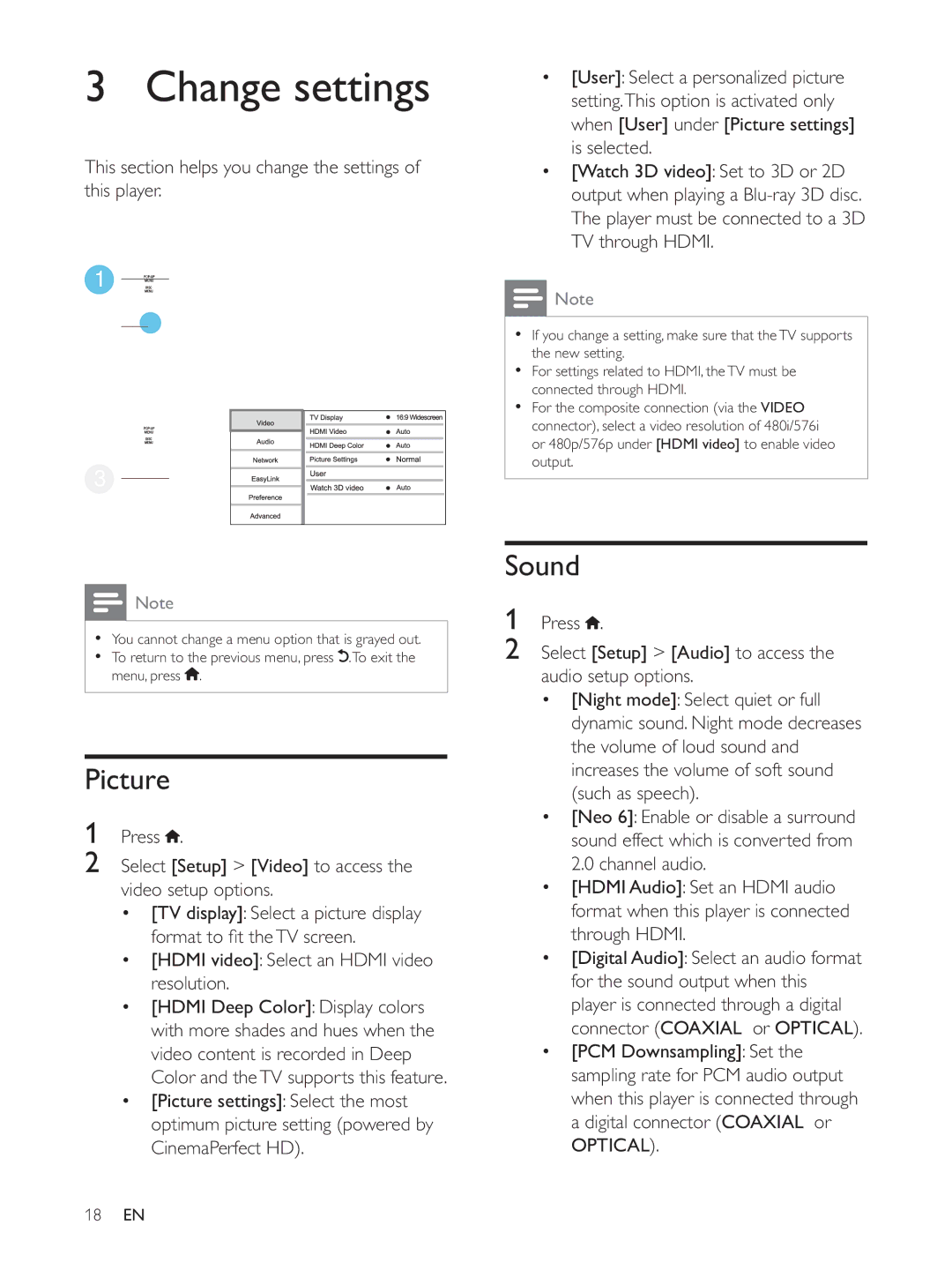 Philips BDP7700 user manual Change settings, Picture, Sound, Press Select Setup Audio to access the audio setup options 