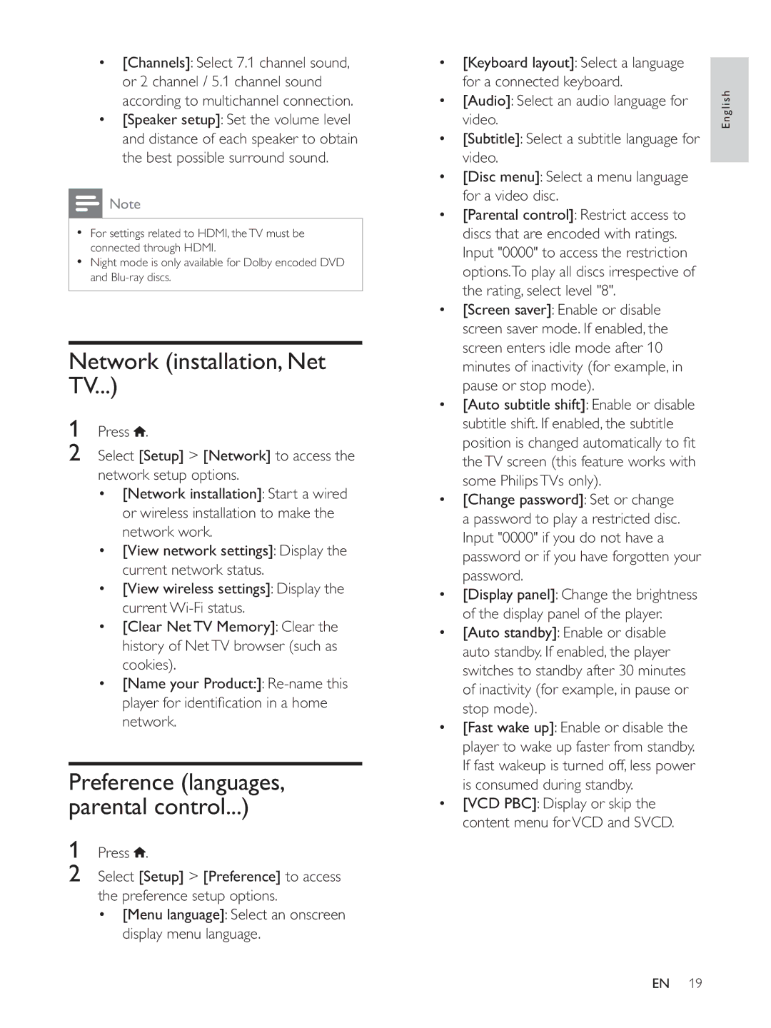 Philips BDP7700 user manual Network installation, Net TV, Preference languages, parental control 