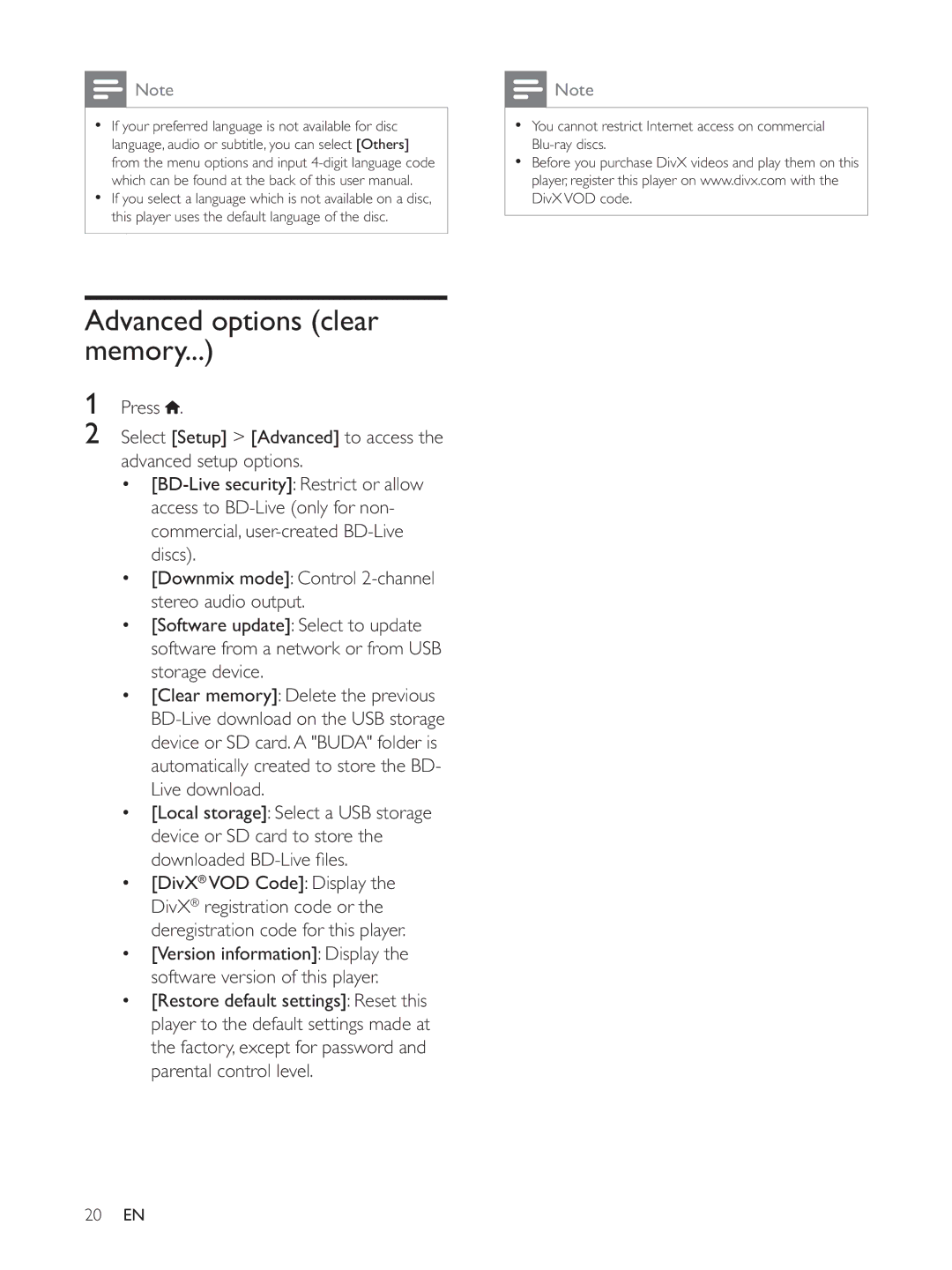 Philips BDP7700 user manual Advanced options clear memory 