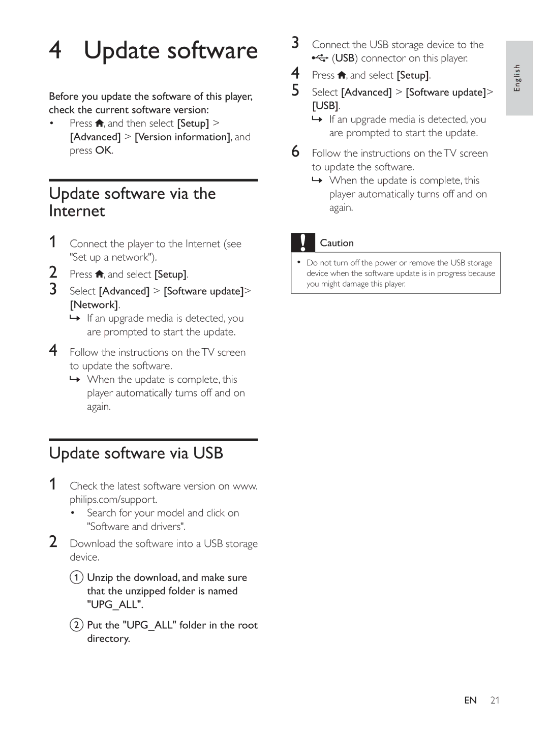 Philips BDP7700 user manual Update software via the Internet, Update software via USB 