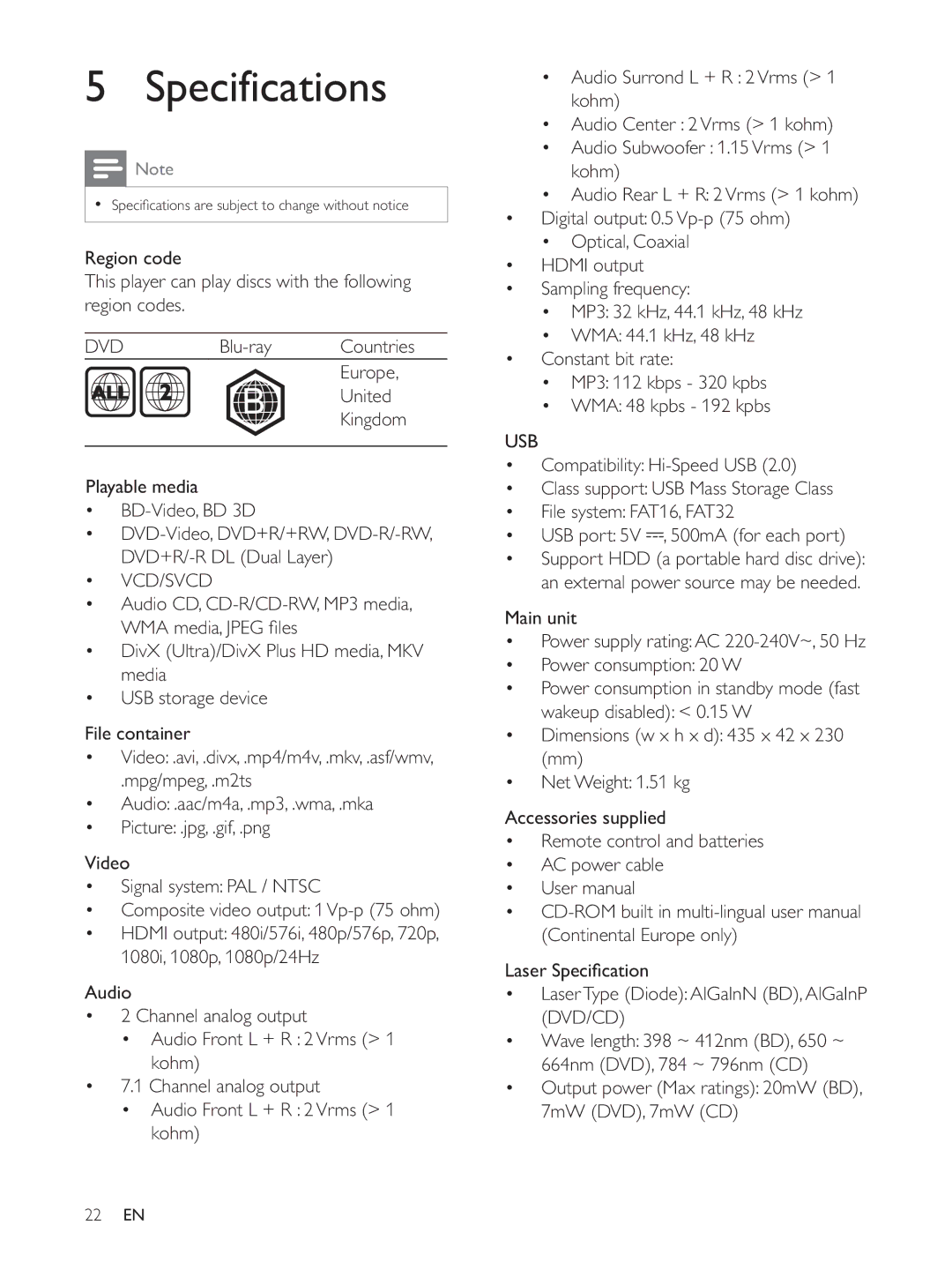 Philips BDP7700 user manual Specifications, Dvd, Vcd/Svcd, Usb 