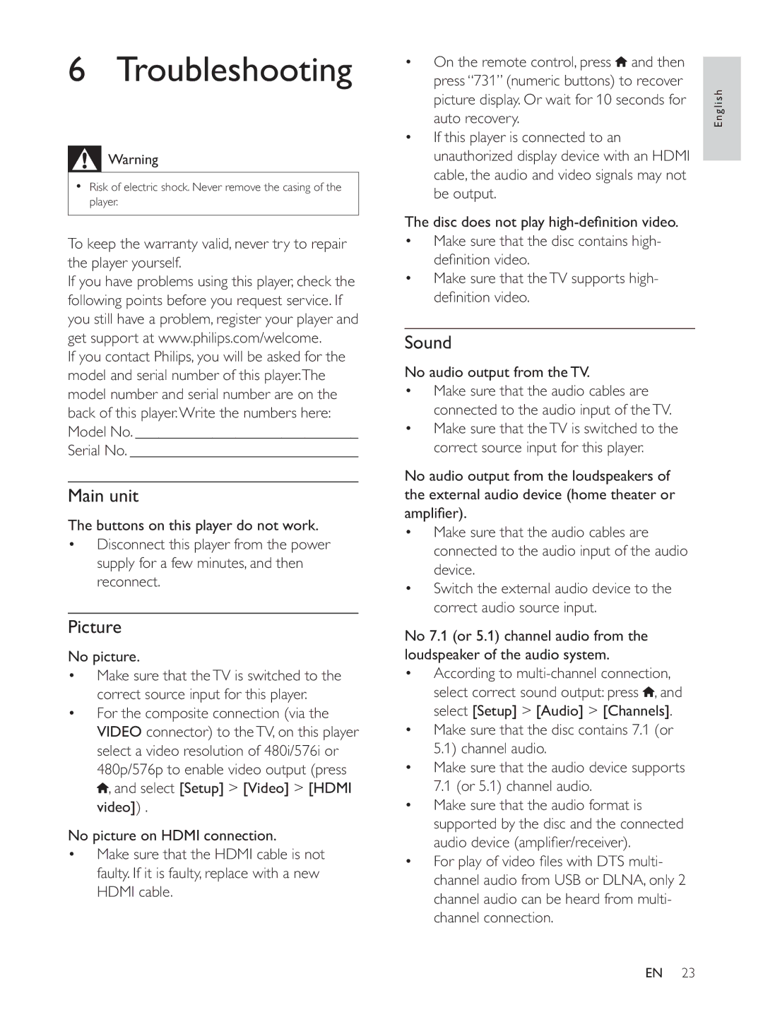 Philips BDP7700 user manual Troubleshooting, Main unit, Picture, Sound 