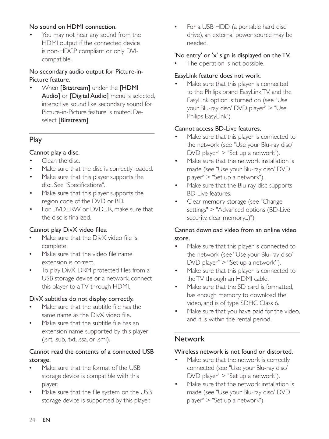 Philips BDP7700 user manual Play, Network, Cannot play a disc Clean the disc, Cannot access BD-Live features 