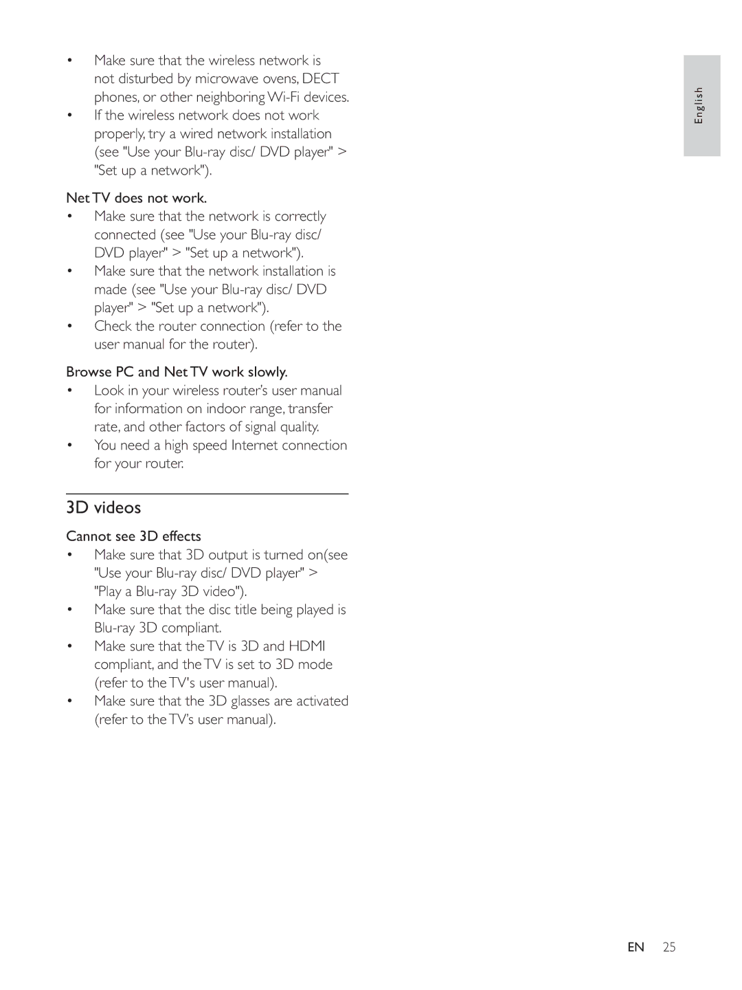 Philips BDP7700 user manual 3D videos, Net TV does not work 