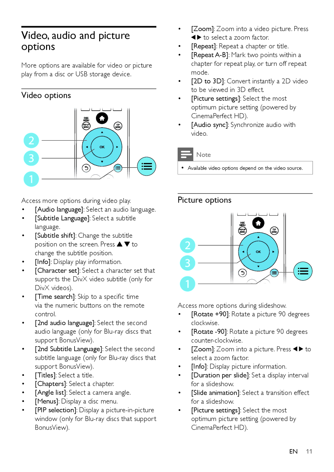 Philips BDP7700 Video, audio and picture options, Video options, Picture options, Access more options during video play 