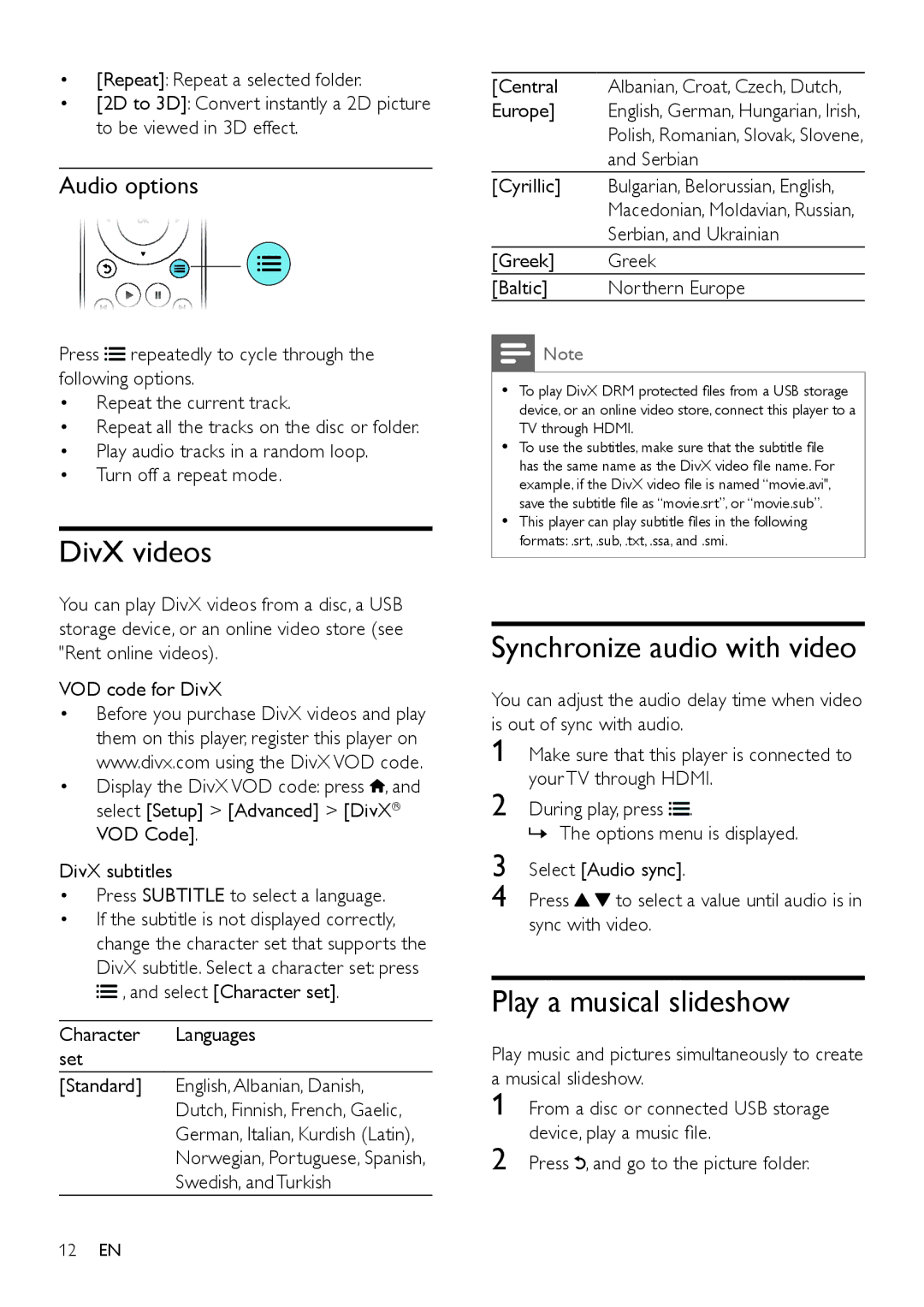 Philips BDP7700 user manual DivX videos, Synchronize audio with video, Play a musical slideshow, Audio options 