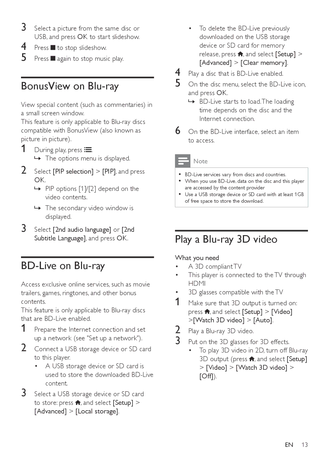 Philips BDP7700 user manual BonusView on Blu-ray, BD-Live on Blu-ray, Play a Blu-ray 3D video, Hdmi 