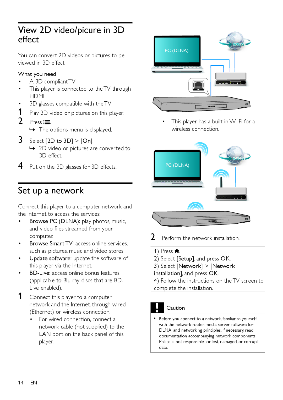 Philips BDP7700 user manual View 2D video/picure in 3D effect, Set up a network 