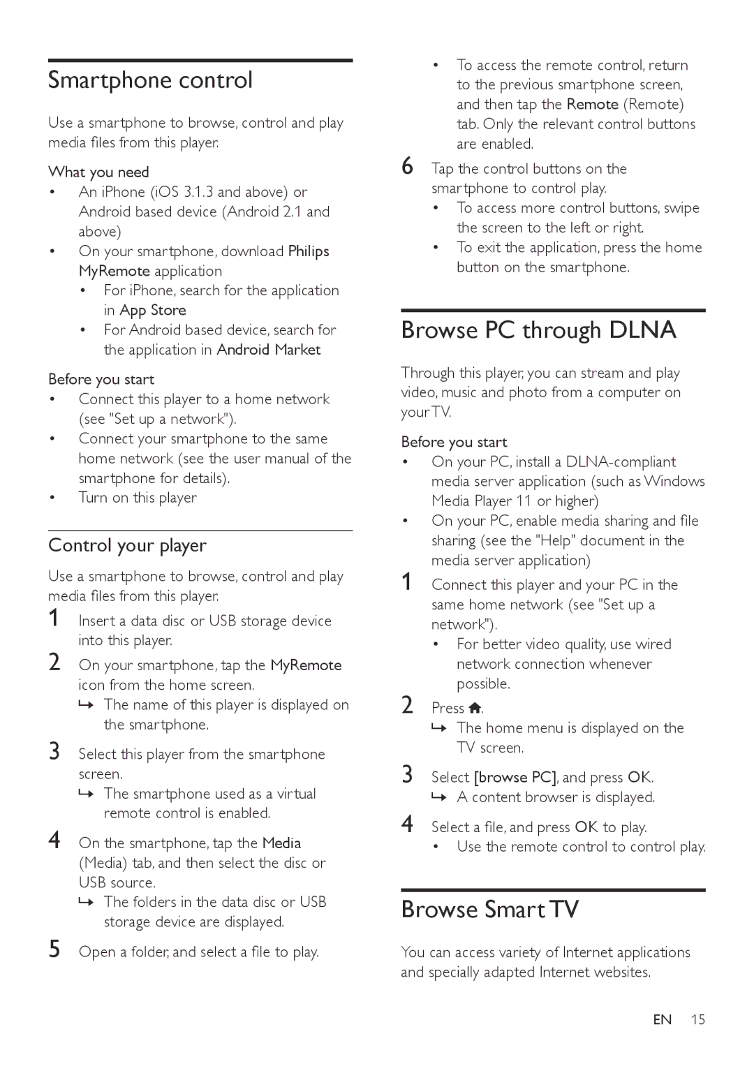 Philips BDP7700 user manual Smartphone control, Browse PC through Dlna, Browse Smart TV, Control your player 