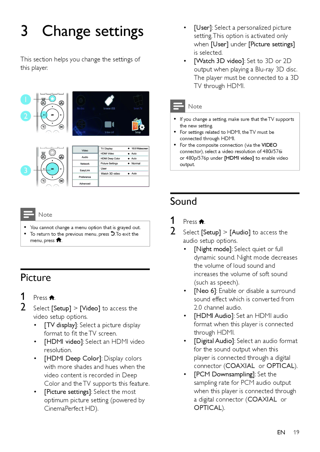 Philips BDP7700 user manual Change settings, Picture, Sound, Press Select Setup Video to access the video setup options 