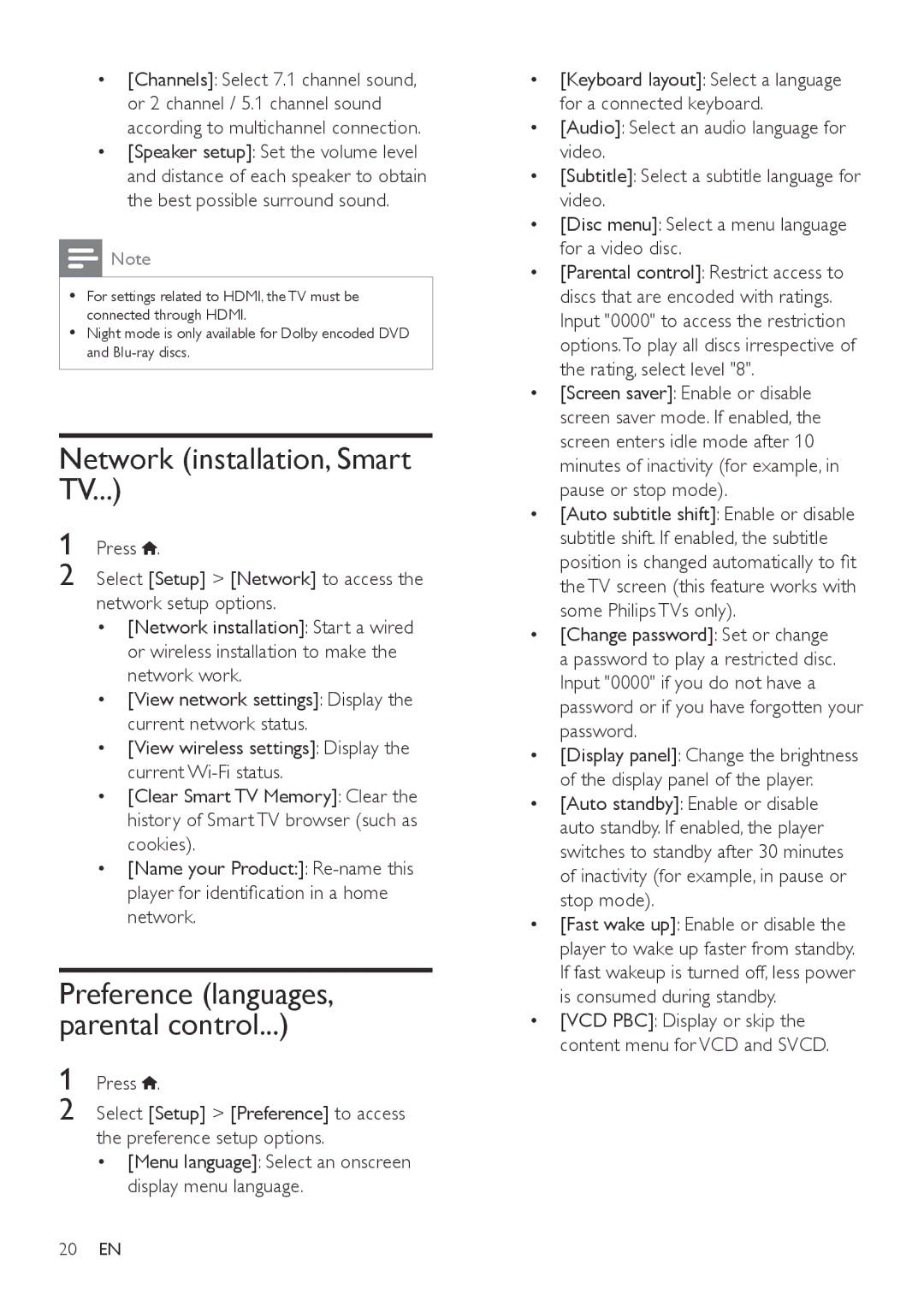 Philips BDP7700 user manual Network installation, Smart TV, Preference languages, parental control 