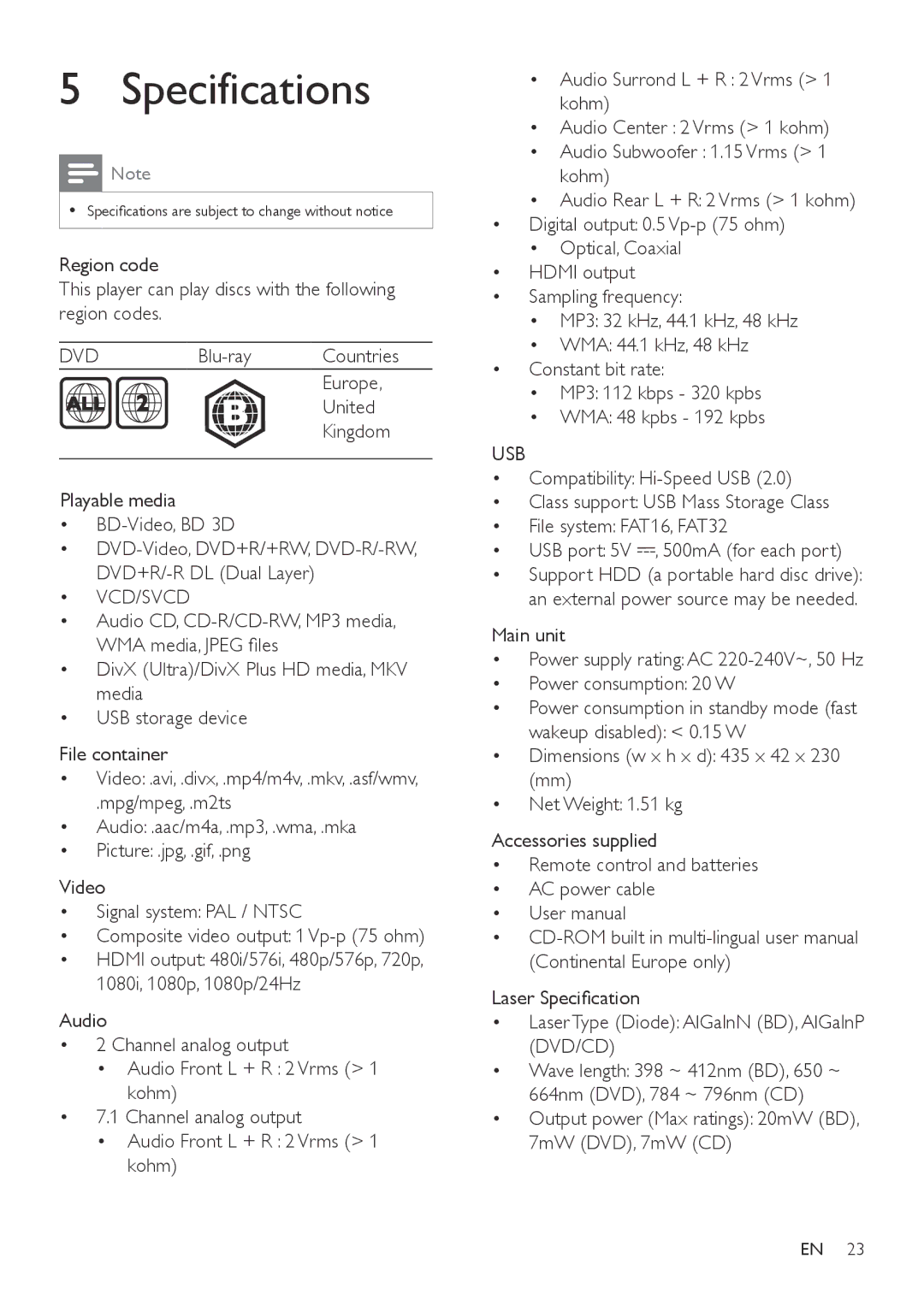 Philips BDP7700 user manual Specifications, Dvd, Vcd/Svcd, Usb 