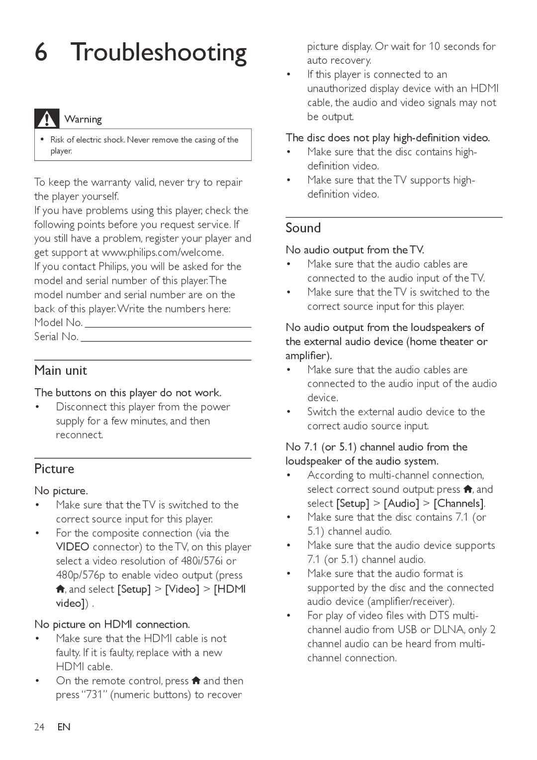 Philips BDP7700 user manual Troubleshooting, Main unit, Picture, Sound 