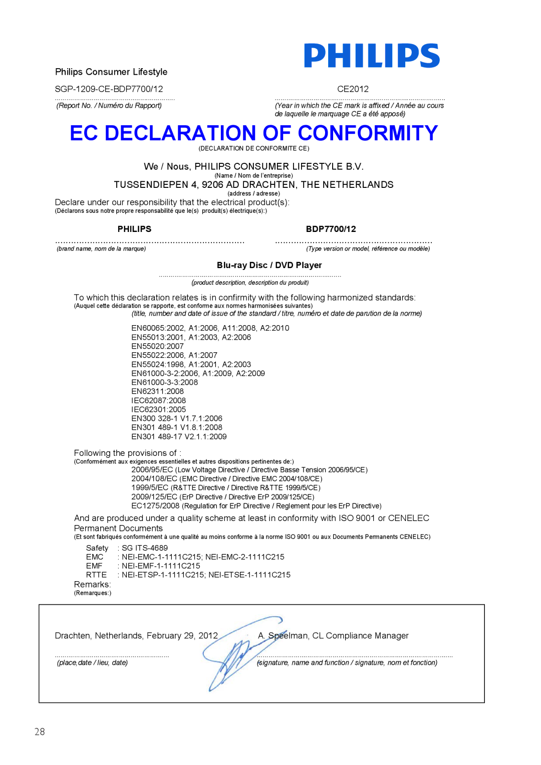 Philips BDP7700 user manual EC Declaration of Conformity 