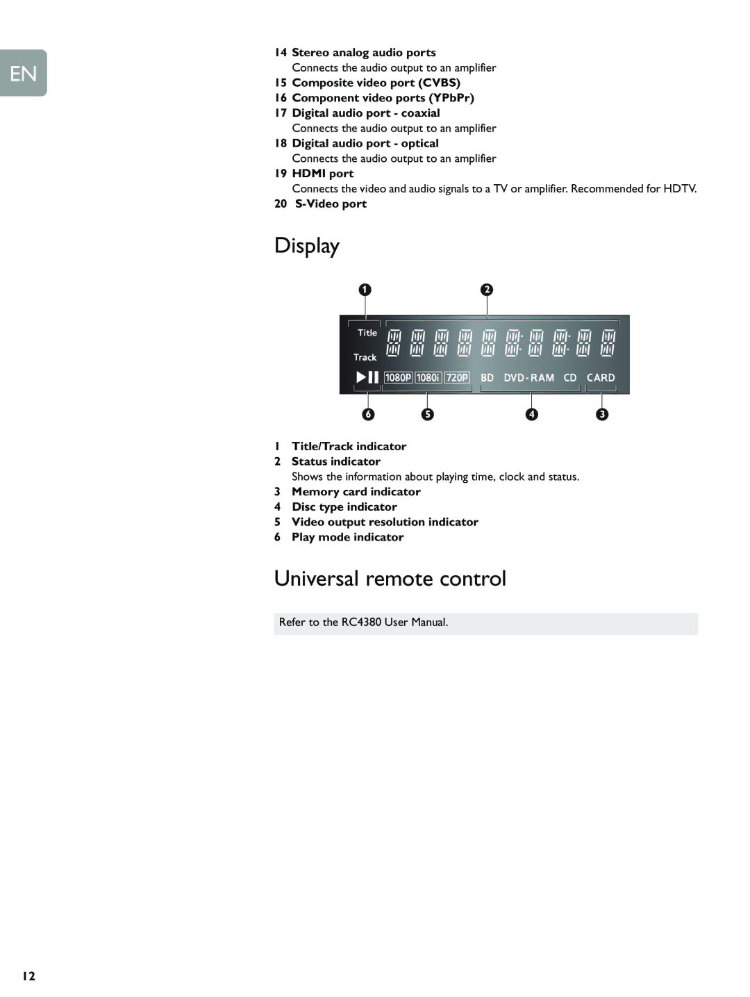 Philips BDP9000 manual Display, Universal remote control 