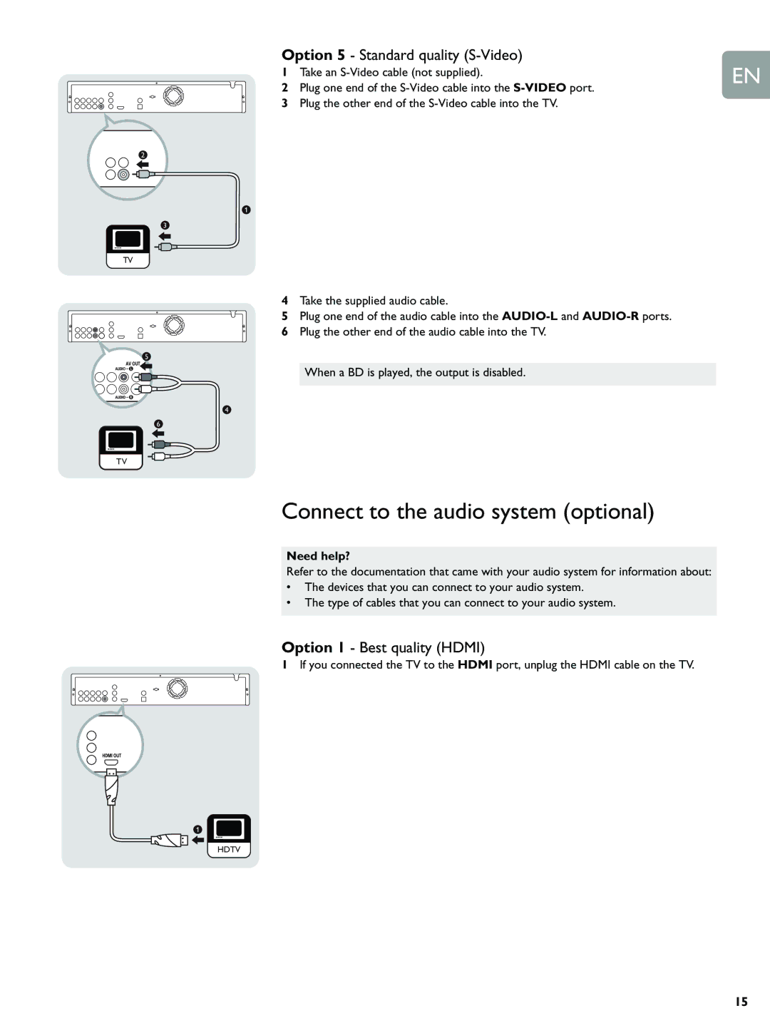 Philips BDP9000 manual Connect to the audio system optional, Option 5 Standard quality S-Video 