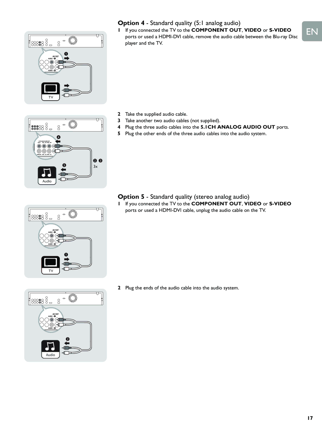 Philips BDP9000 manual Option 4 Standard quality 51 analog audio, Option 5 Standard quality stereo analog audio 