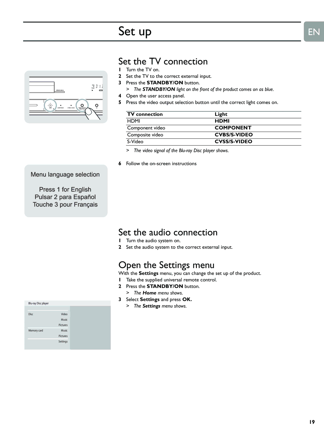 Philips BDP9000 manual Set up, Set the TV connection, Set the audio connection, Open the Settings menu 