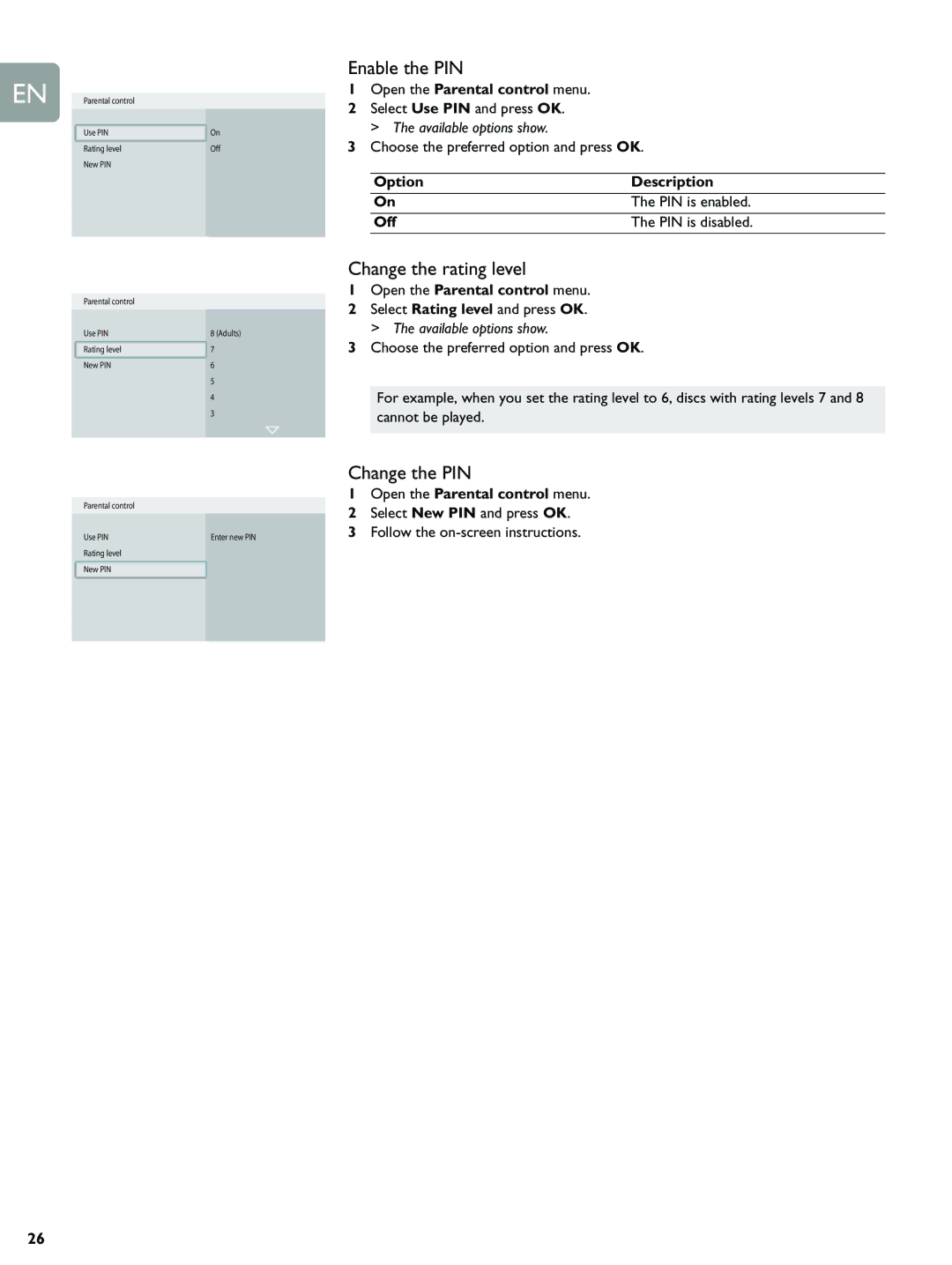 Philips BDP9000 manual Enable the PIN, Change the rating level, Change the PIN, Open the Parental control menu 