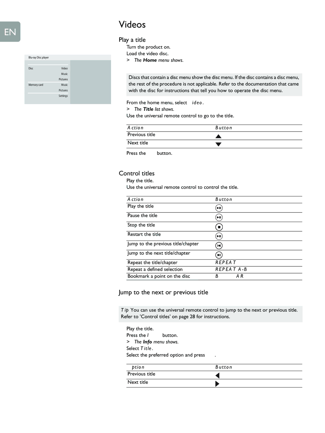 Philips BDP9000 manual Videos, Play a title, Control titles, Jump to the next or previous title 