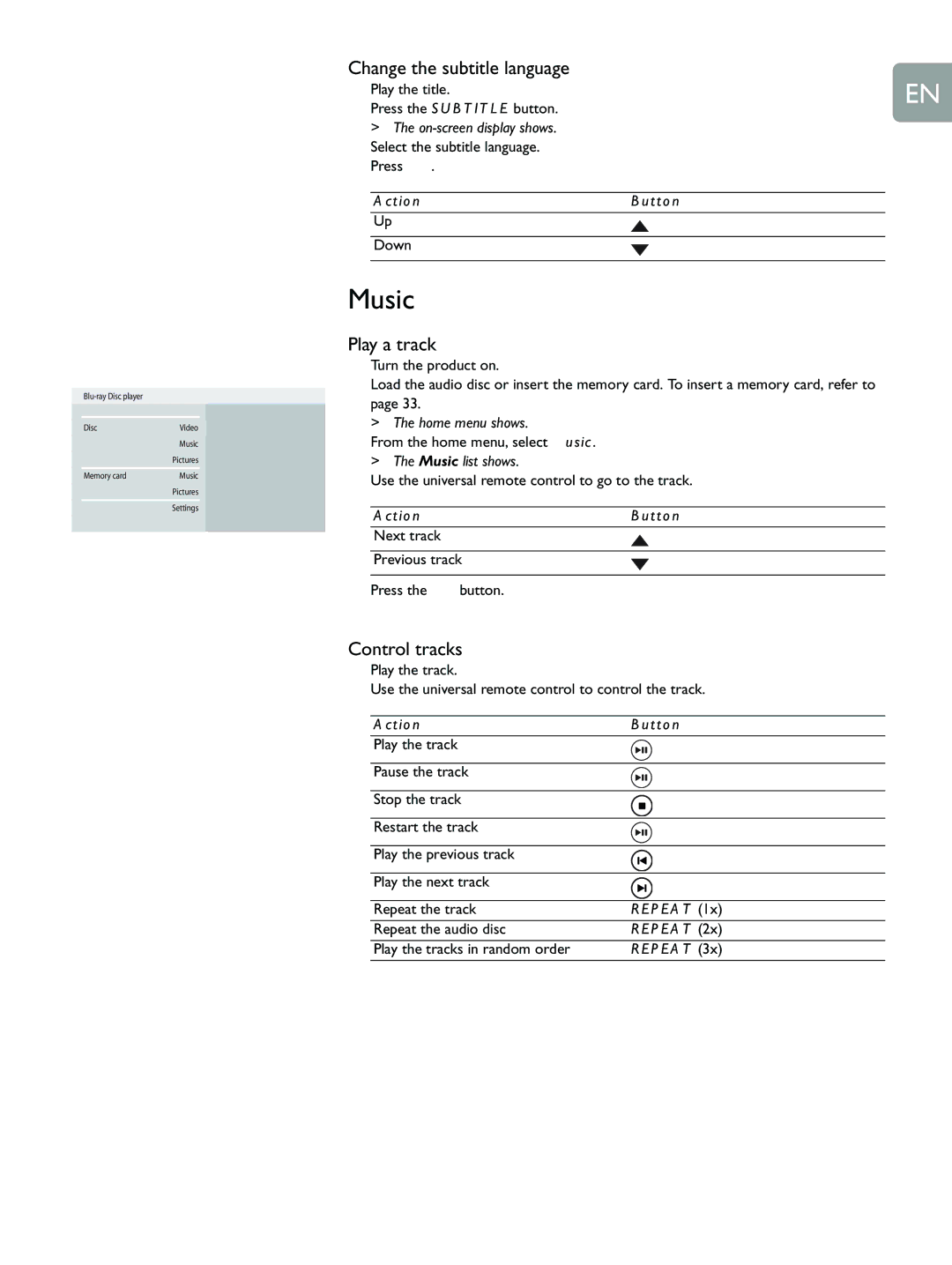 Philips BDP9000 manual Music, Change the subtitle language, Play a track, Control tracks, Repeat 