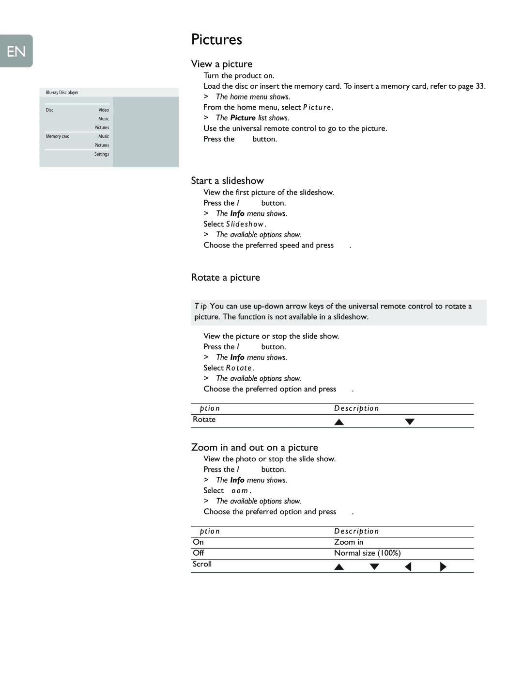 Philips BDP9000 manual Pictures, View a picture, Start a slideshow, Rotate a picture, Zoom in and out on a picture 