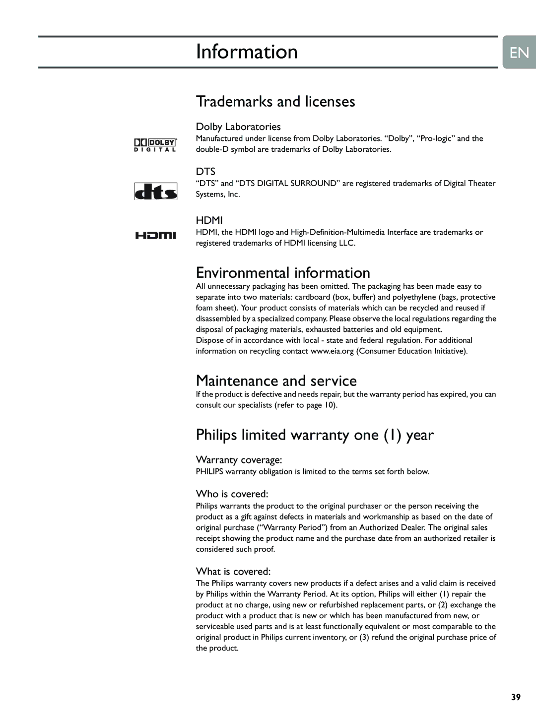 Philips BDP9000 manual InformationEN, Trademarks and licenses, Environmental information, Maintenance and service 