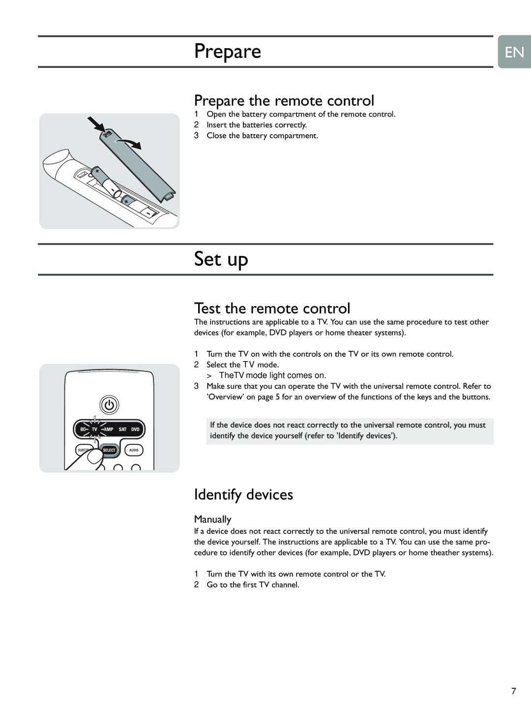 Philips BDP9000 manual Set up, Prepare the remote control, Test the remote control, Identify devices 