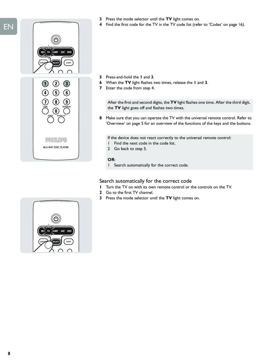 Philips BDP9000 manual Search automatically for the correct code 