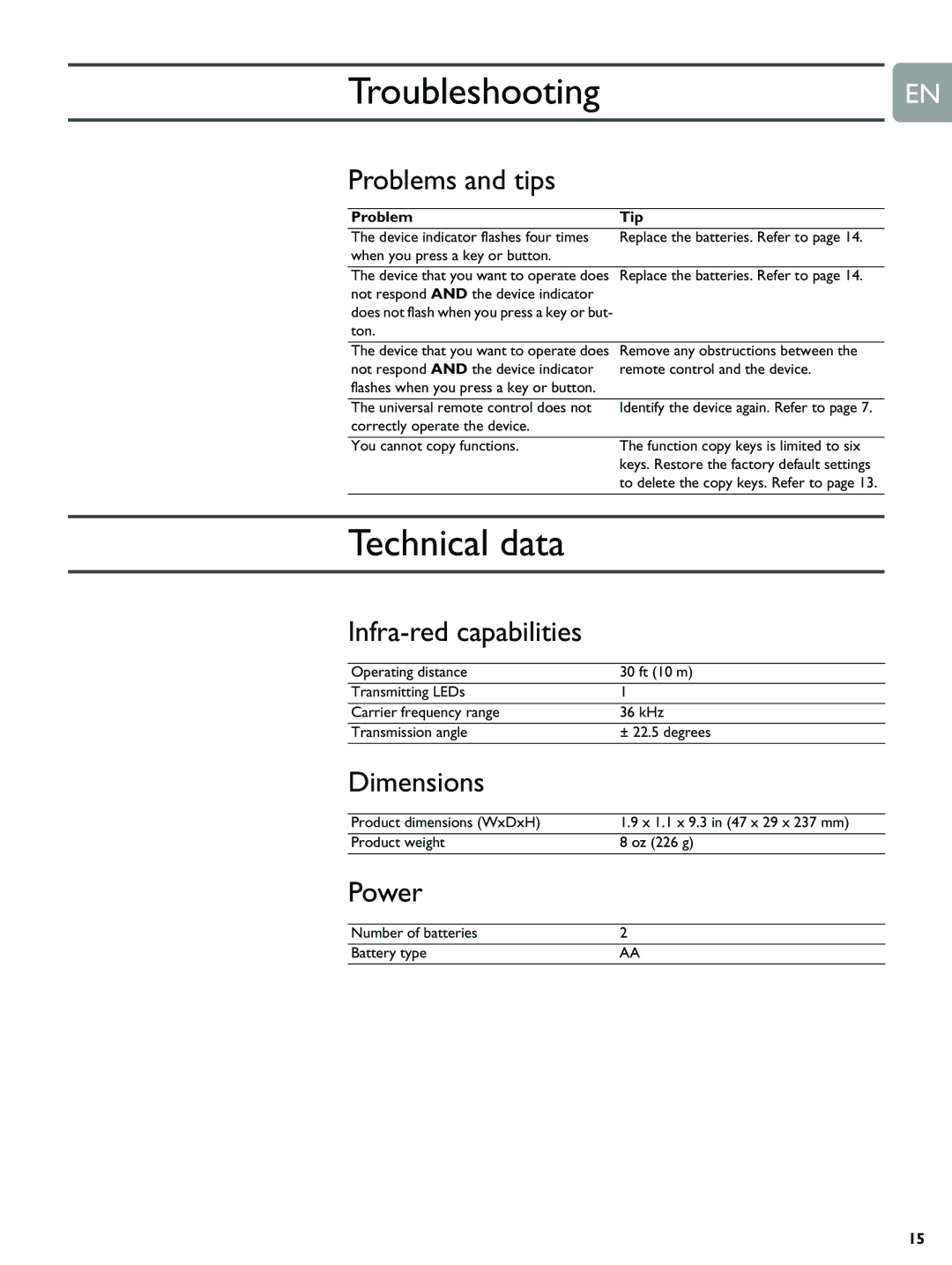 Philips BDP9000 manual TroubleshootingEN, Technical data, Infra-red capabilities 