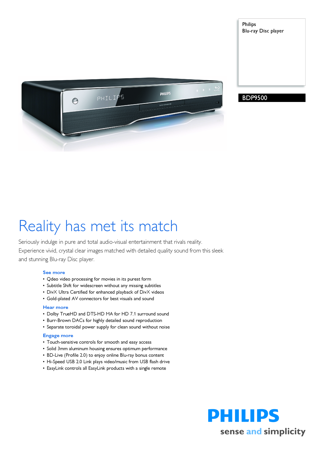 Philips BDP9500 manual Philips Blu-ray Disc player, Reality has met its match 
