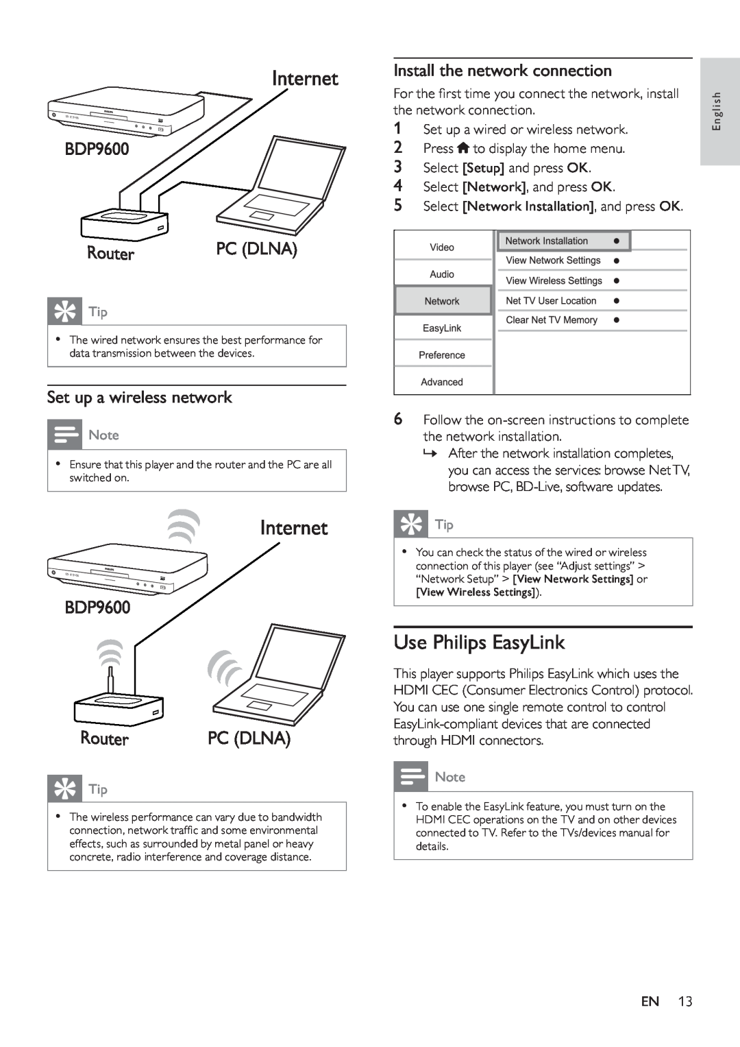 Philips BDP9600 user manual Use Philips EasyLink, Set up a wireless network, Install the network connection 