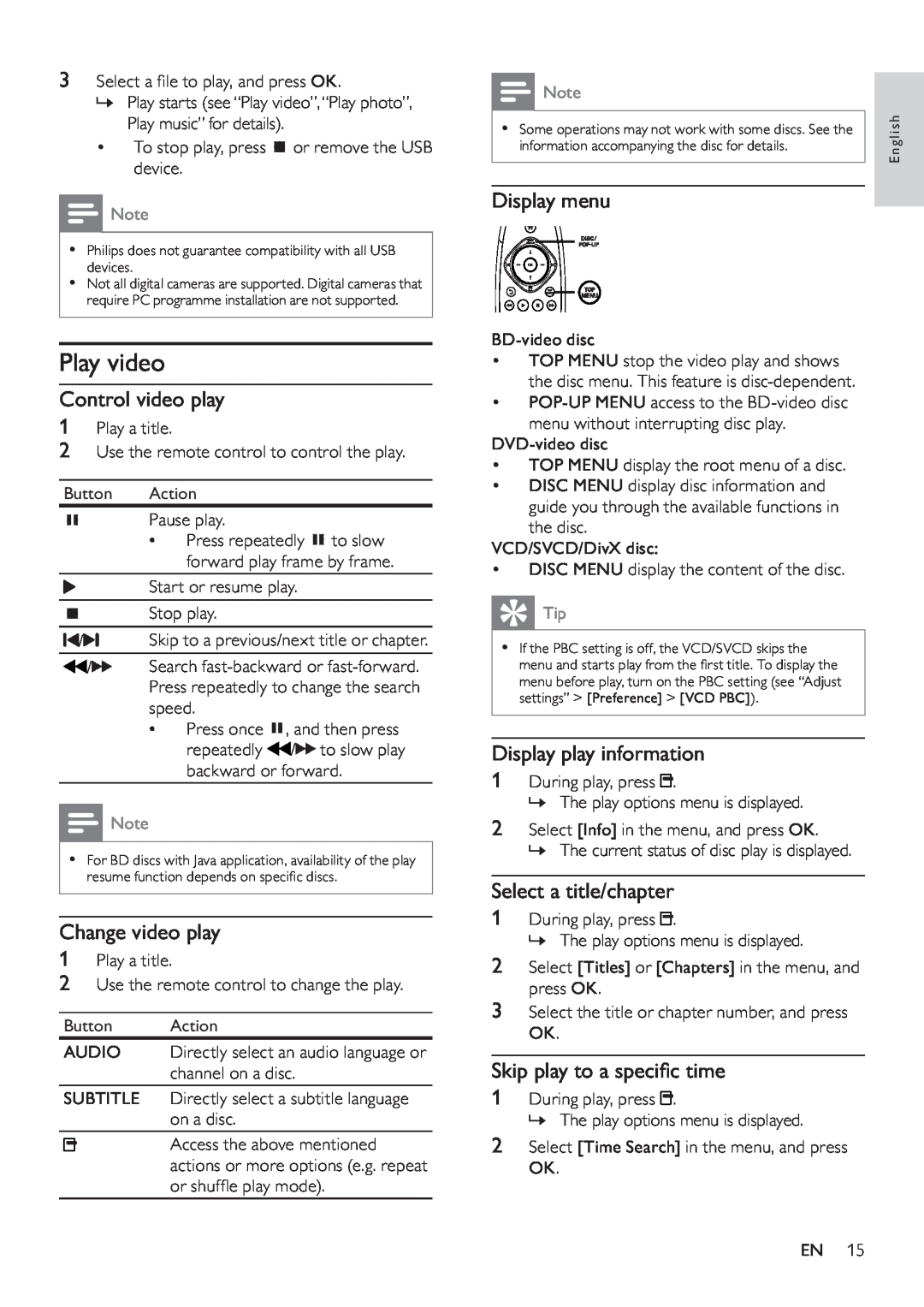 Philips BDP9600 user manual Play video, Control video play, Change video play, Display menu, Display play information 