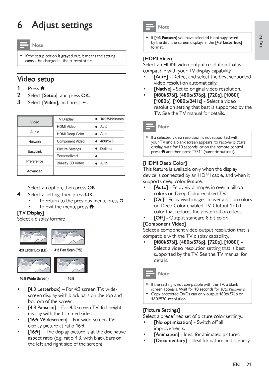 Philips BDP9600 user manual Adjust settings, Video setup 