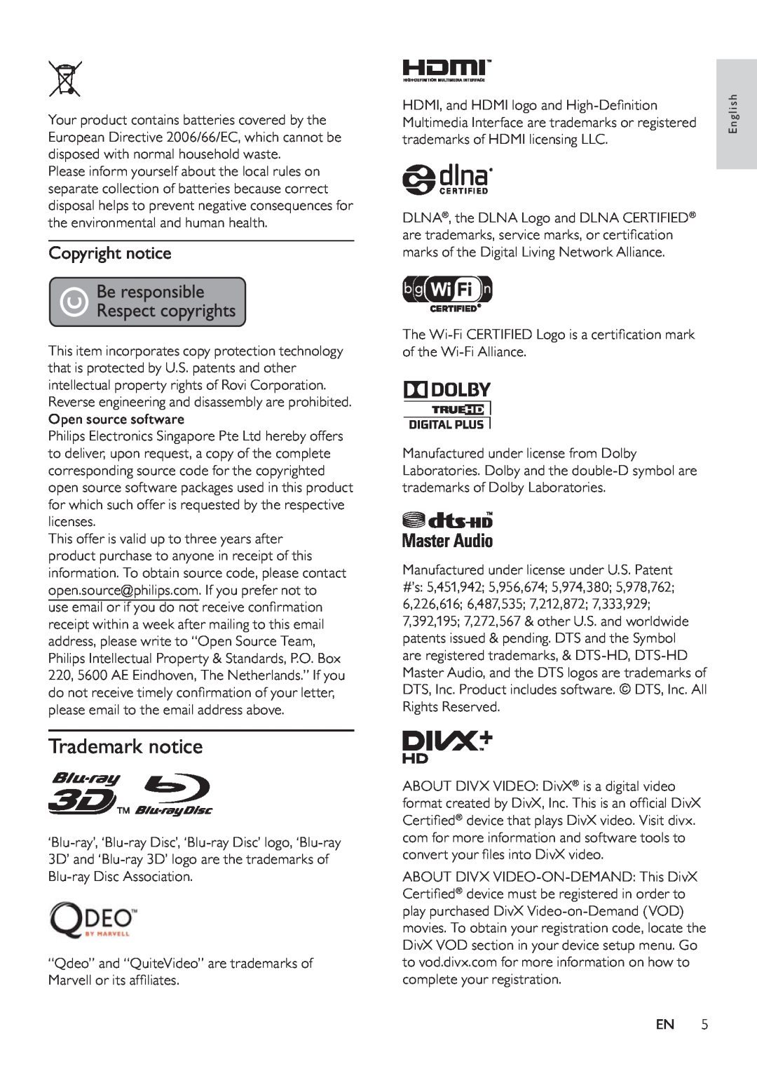 Philips BDP9600 user manual Trademark notice, Copyright notice 