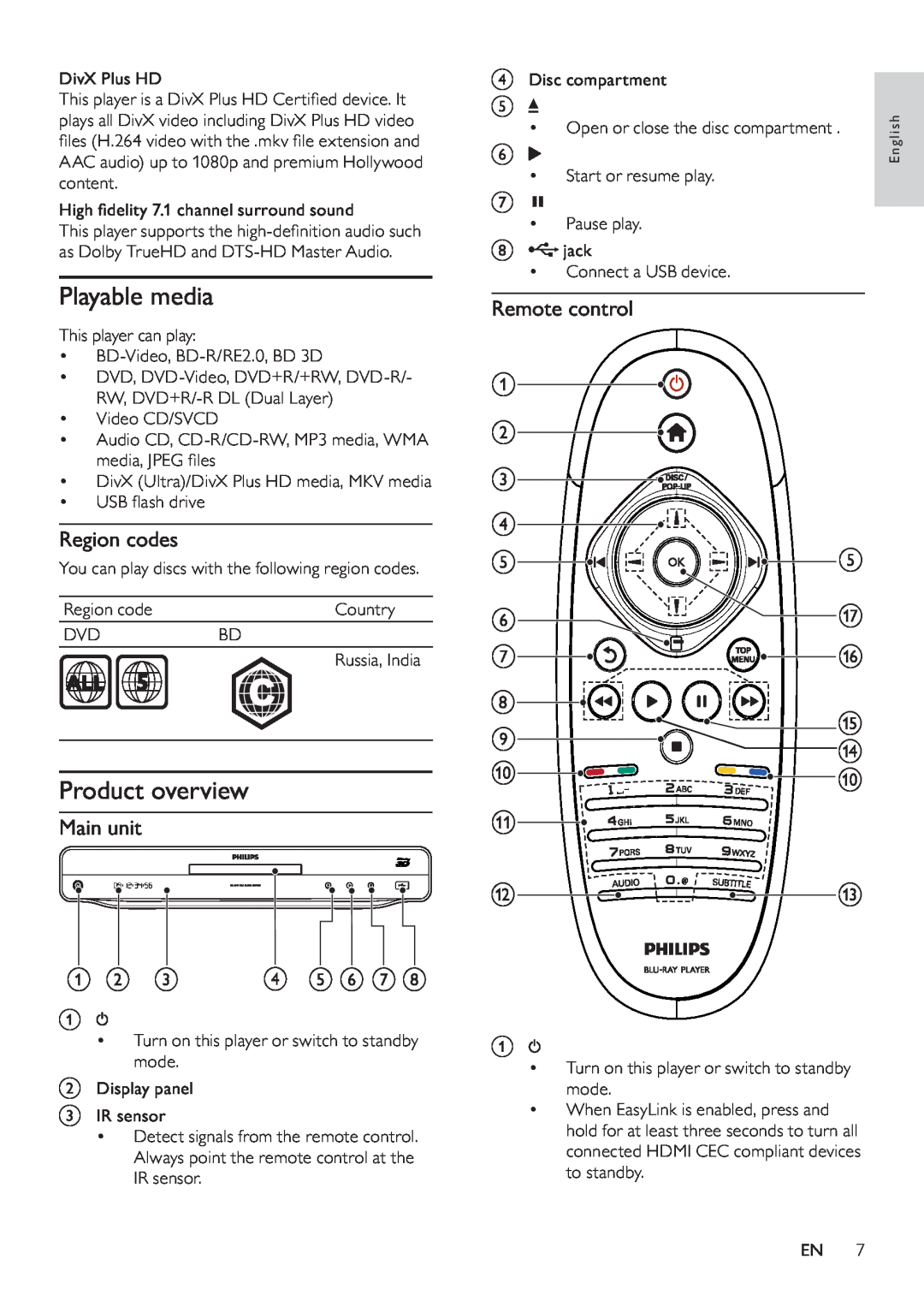Philips BDP9600 user manual Playable media, Product overview, Region codes, Main unit, Remote control, a b c, d e f g h 