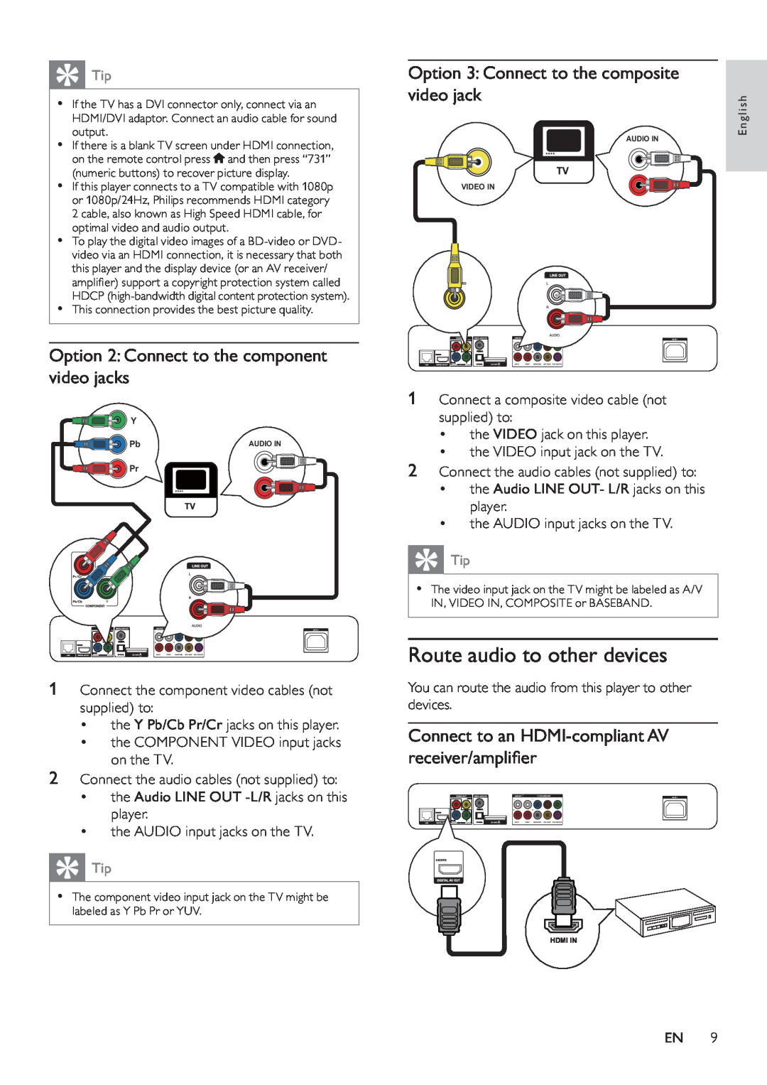 Philips BDP9600 user manual Route audio to other devices, Option 2 Connect to the component video jacks 