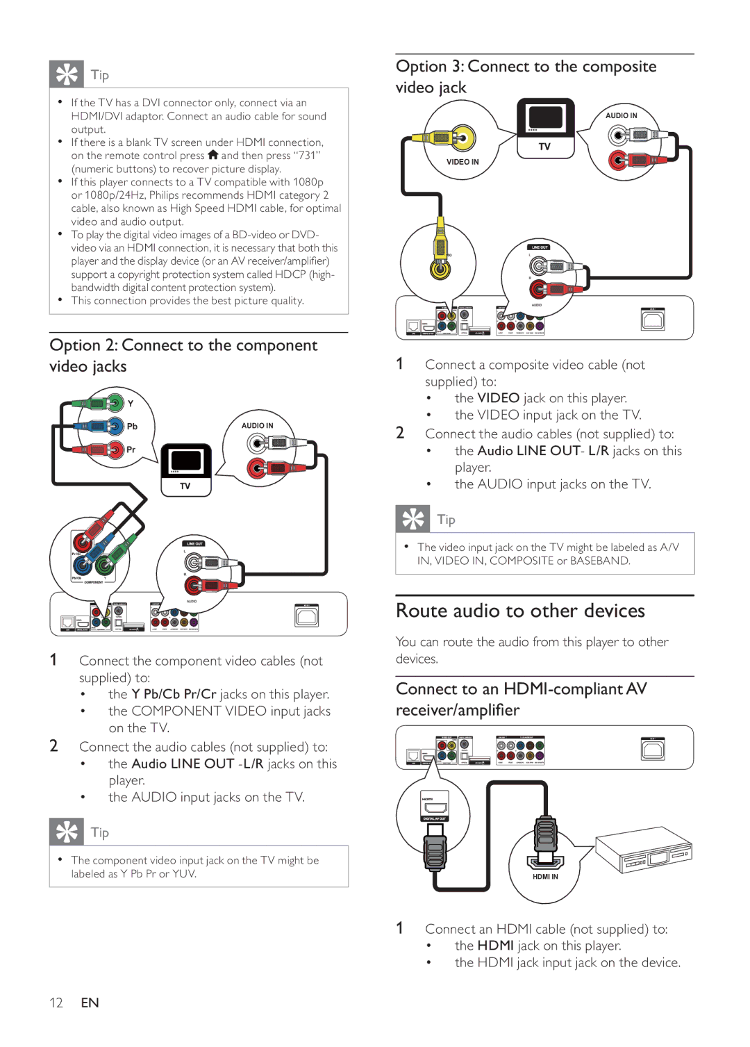 Philips BDP9600 manual Route audio to other devices, Option 2 Connect to the component video jacks 